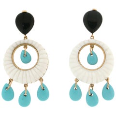 Boucles d'oreilles en goutte artisanales en agate, or jaune 18 carats, turquoise et onyx