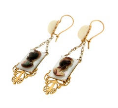 Handcraft Agate Warrior 9 Karat Yellow Gold Mother of Pearl Drop Earrings