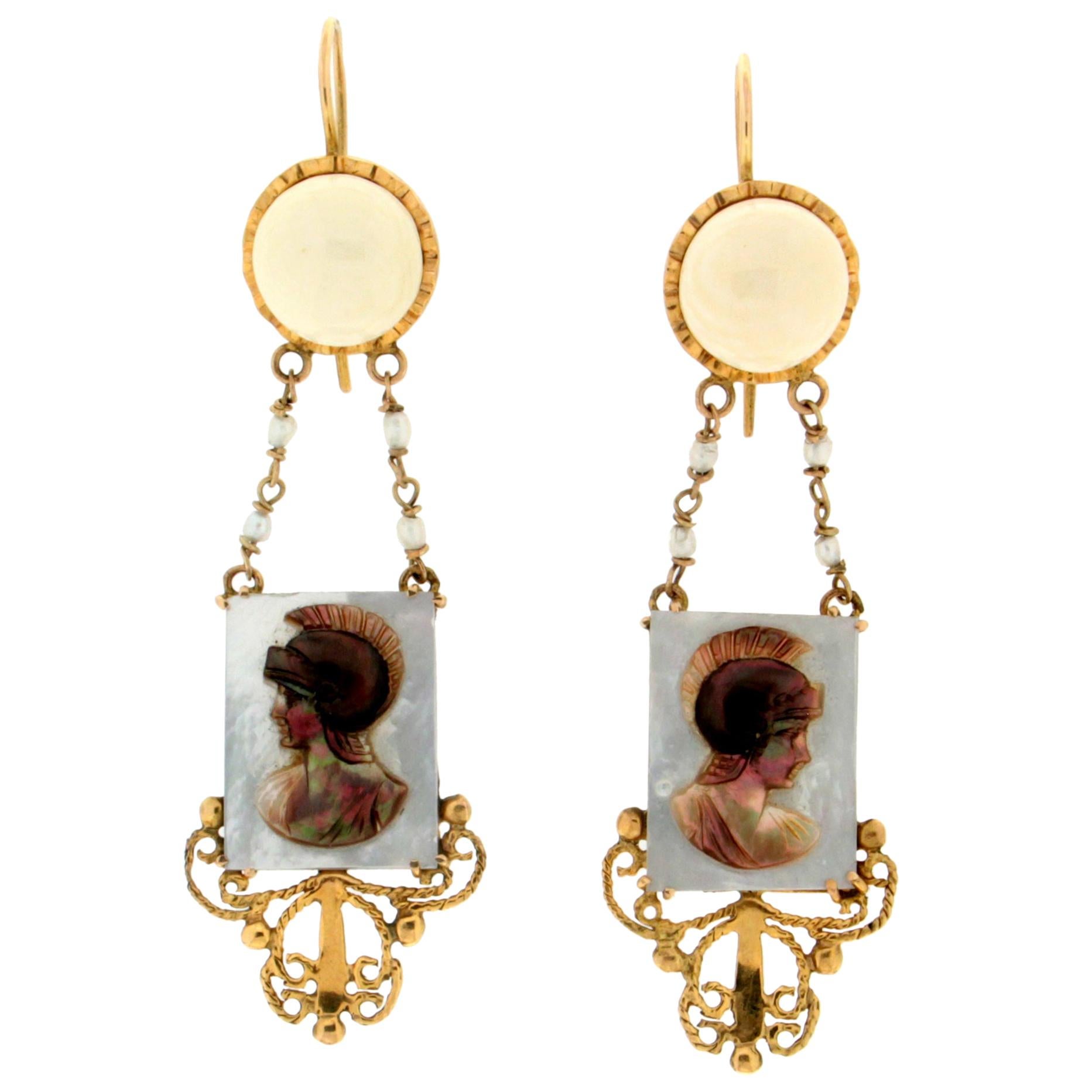 Handcraft Agate Warrior 9 Karat Yellow Gold Mother of Pearl Drop Earrings For Sale