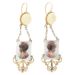 Vintage 9K Gold Carved Mother-of-Pearl Soldier Cameo & White Agate Drop Earrings