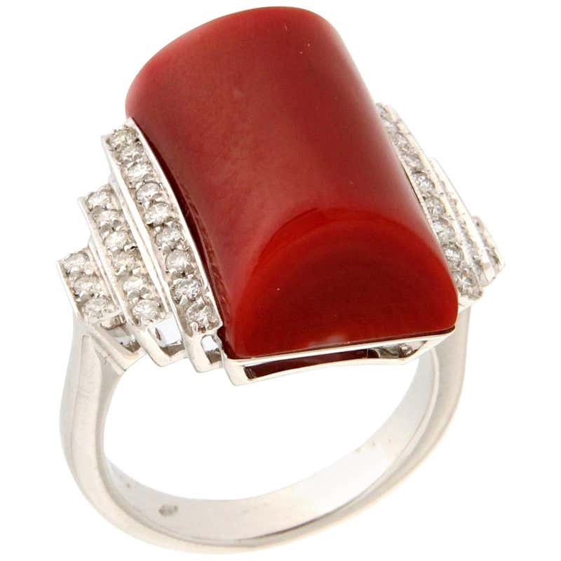 Handcraft Angel Skin Coral 18 Karat White Gold Diamonds Cocktail Ring ...