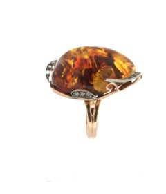 Bague cocktail artisanale en or jaune 14 carats avec diamants et ambre