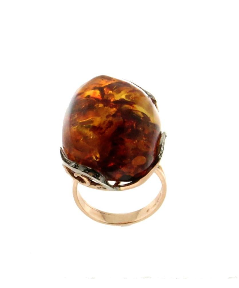 Handcraft Amber 14 Karat Yellow Gold Diamonds Cocktail Ring In New Condition For Sale In Marcianise, IT