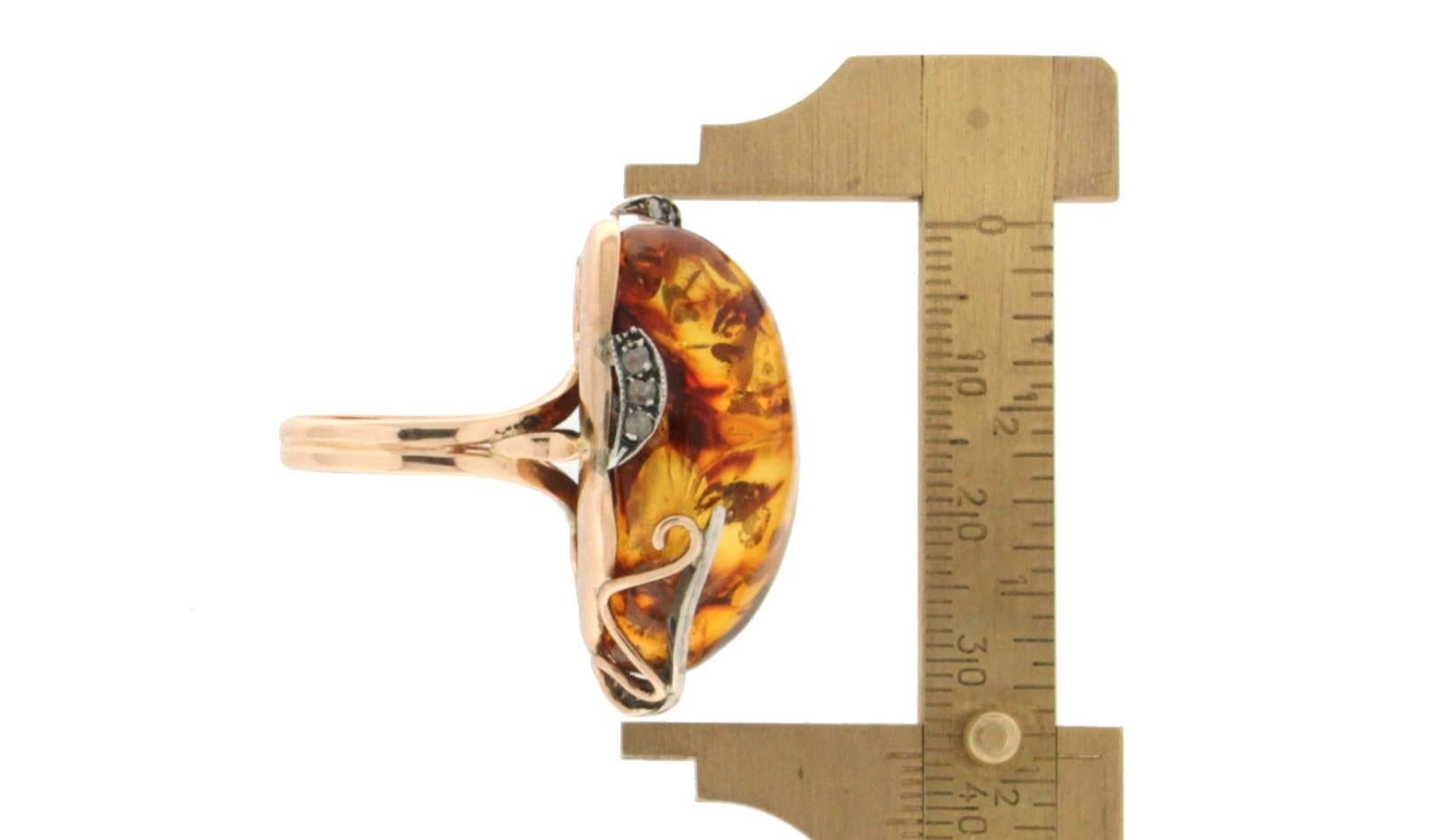 Handcraft Amber 14 Karat Yellow Gold Diamonds Cocktail Ring For Sale 2