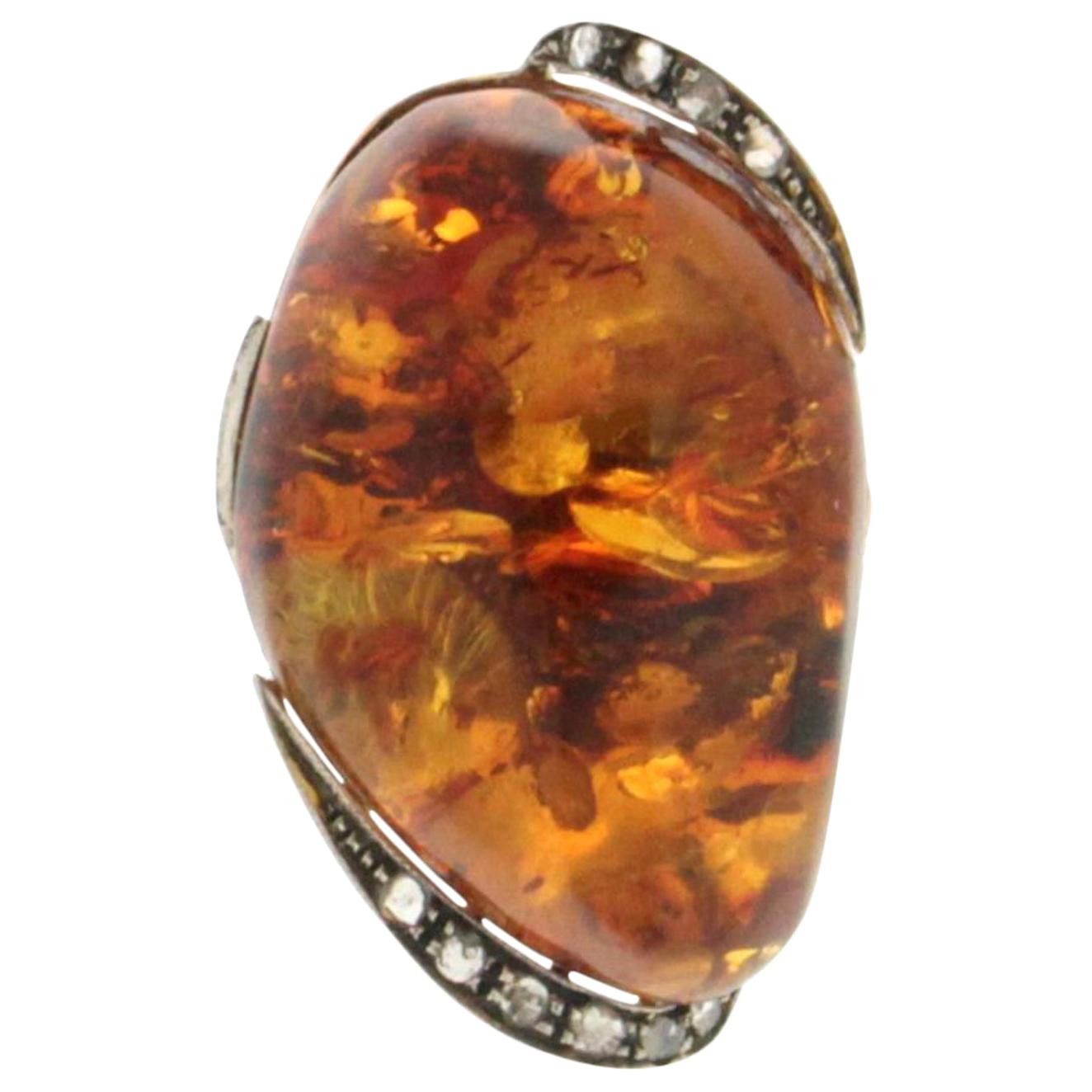 Handcraft Amber 14 Karat Yellow Gold Diamonds Cocktail Ring For Sale
