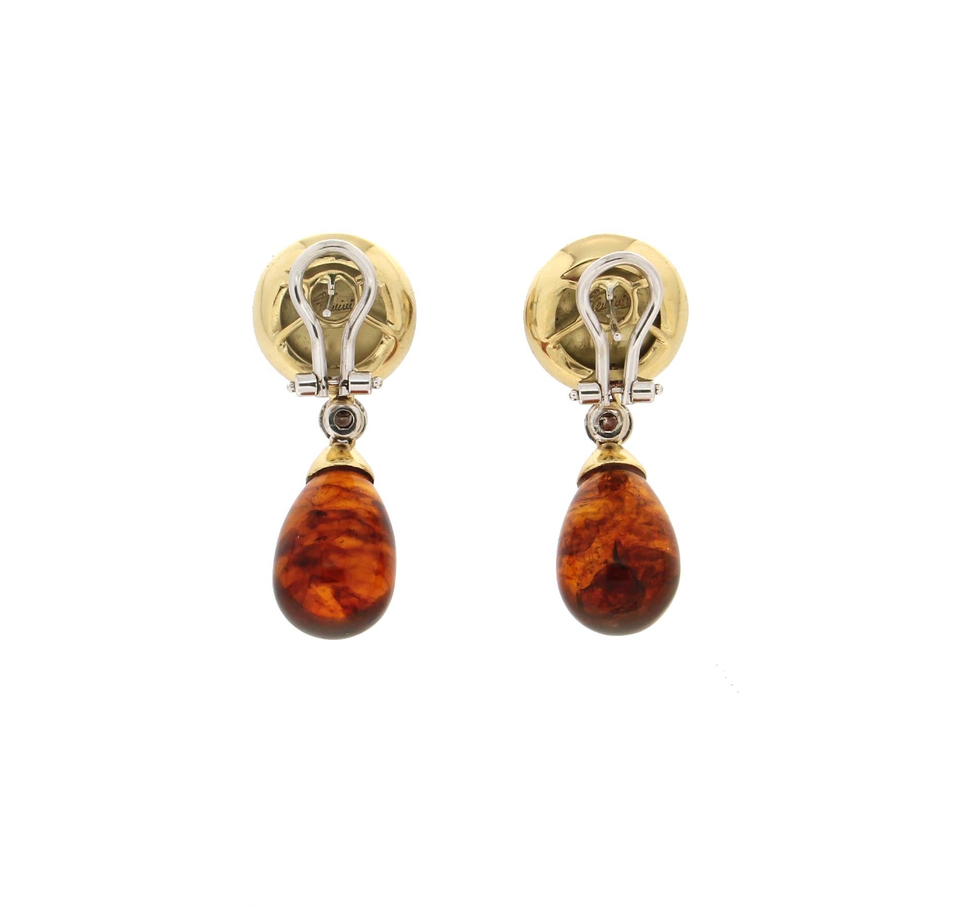 Taille brillant Boucles d'oreilles en goutte artisanales en or jaune 18 carats avec diamants et ambre en vente