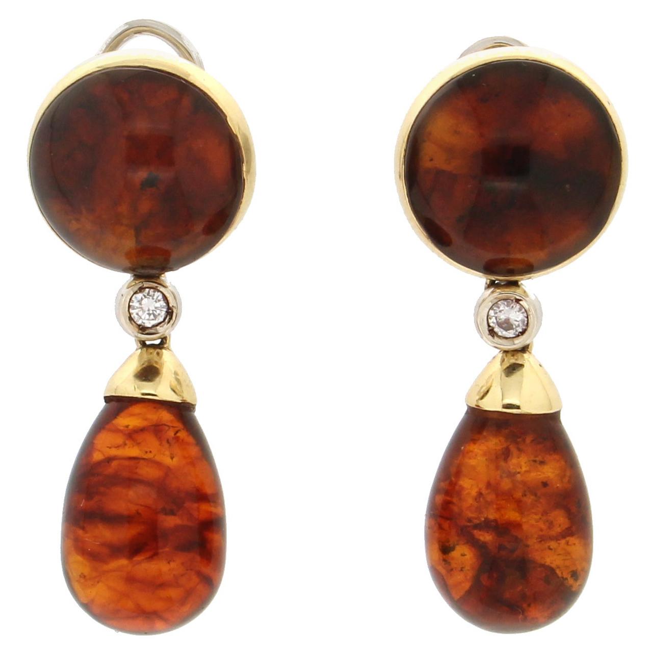 Handcraft Amber 18 Karat Yellow Gold Diamonds Drop Earrings For Sale