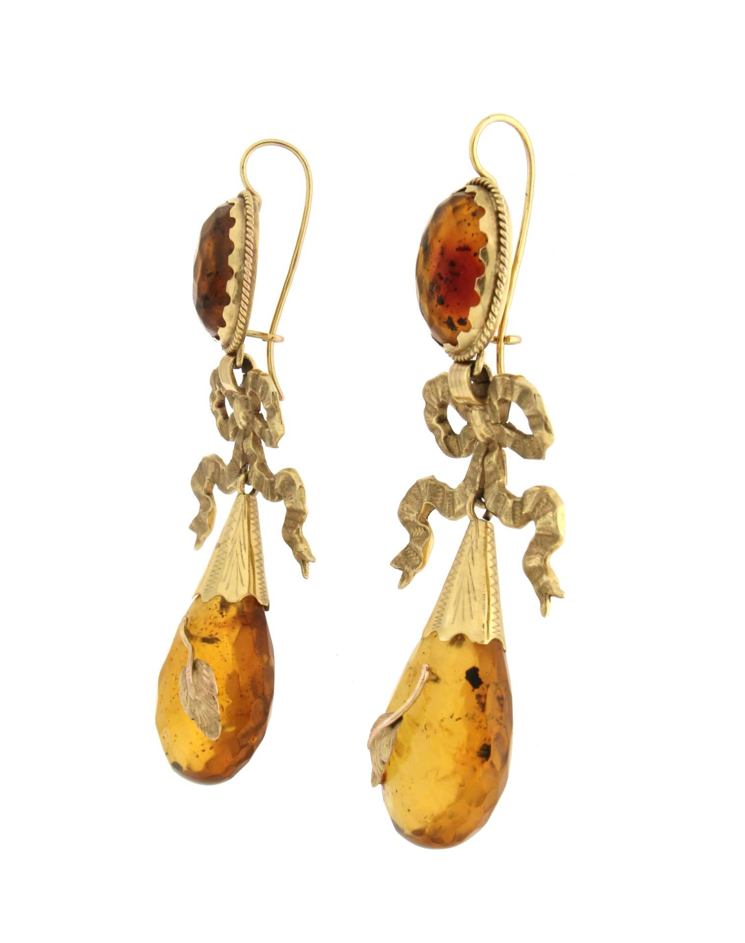 Artisan Handcraft Amber 9 Karat Yellow Gold Drop Earrings