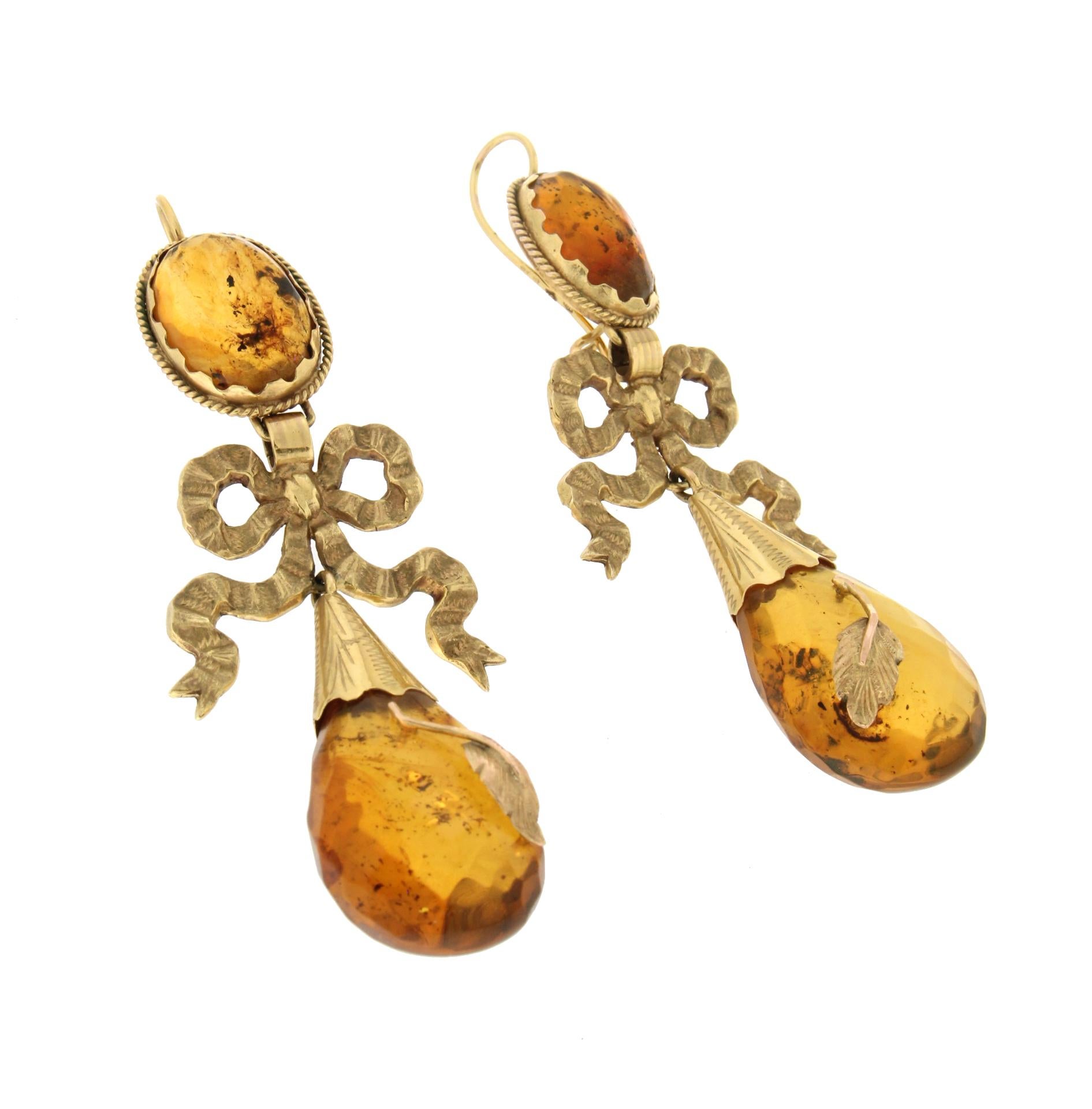 Oval Cut Handcraft Amber 9 Karat Yellow Gold Drop Earrings