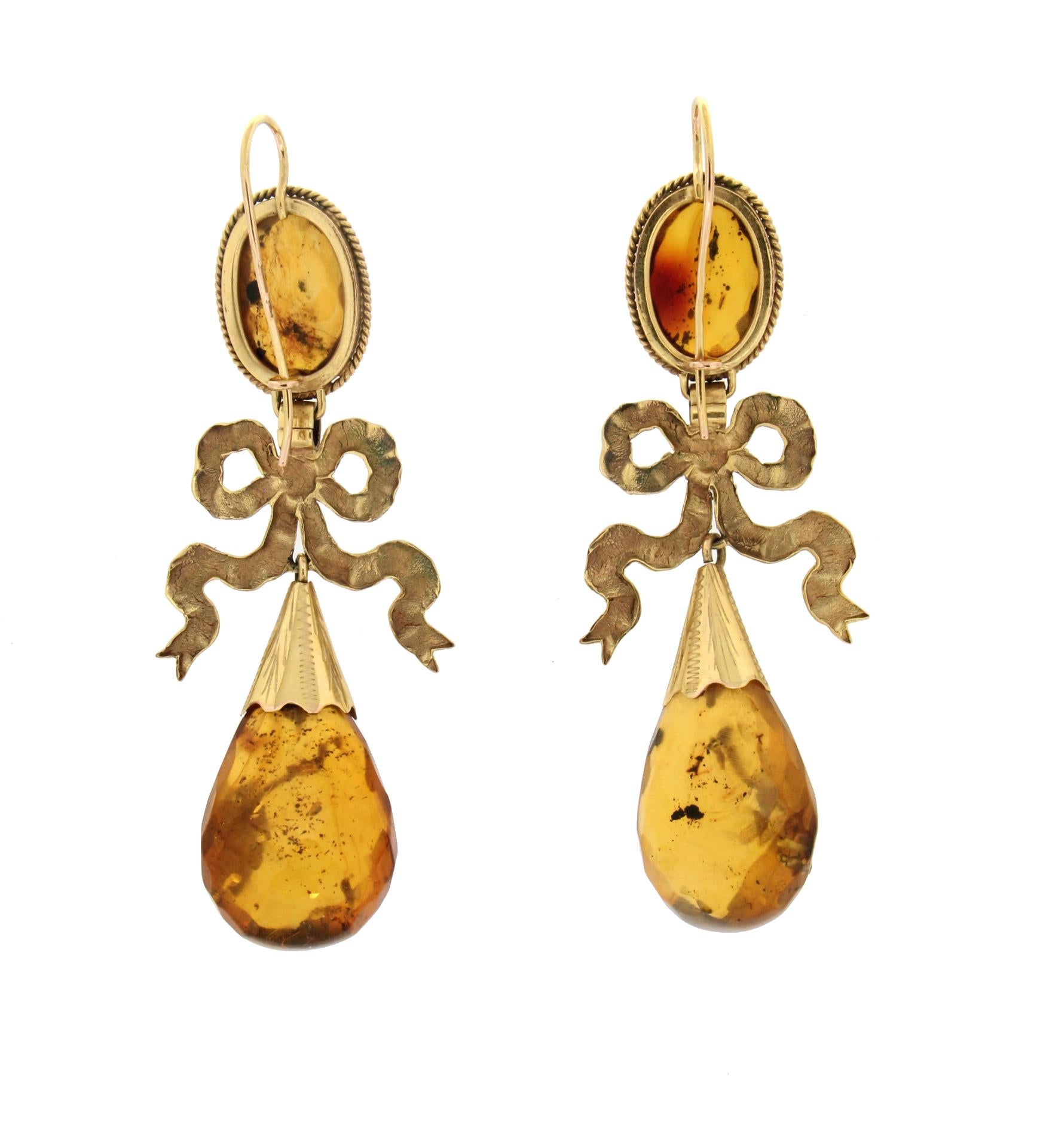 Handcraft Amber 9 Karat Yellow Gold Drop Earrings In New Condition In Marcianise, IT