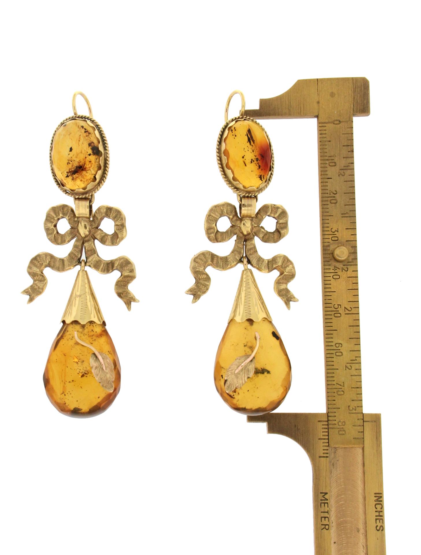 Women's or Men's Handcraft Amber 9 Karat Yellow Gold Drop Earrings