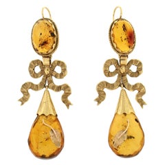 Vintage Handcraft Amber 9 Karat Yellow Gold Drop Earrings
