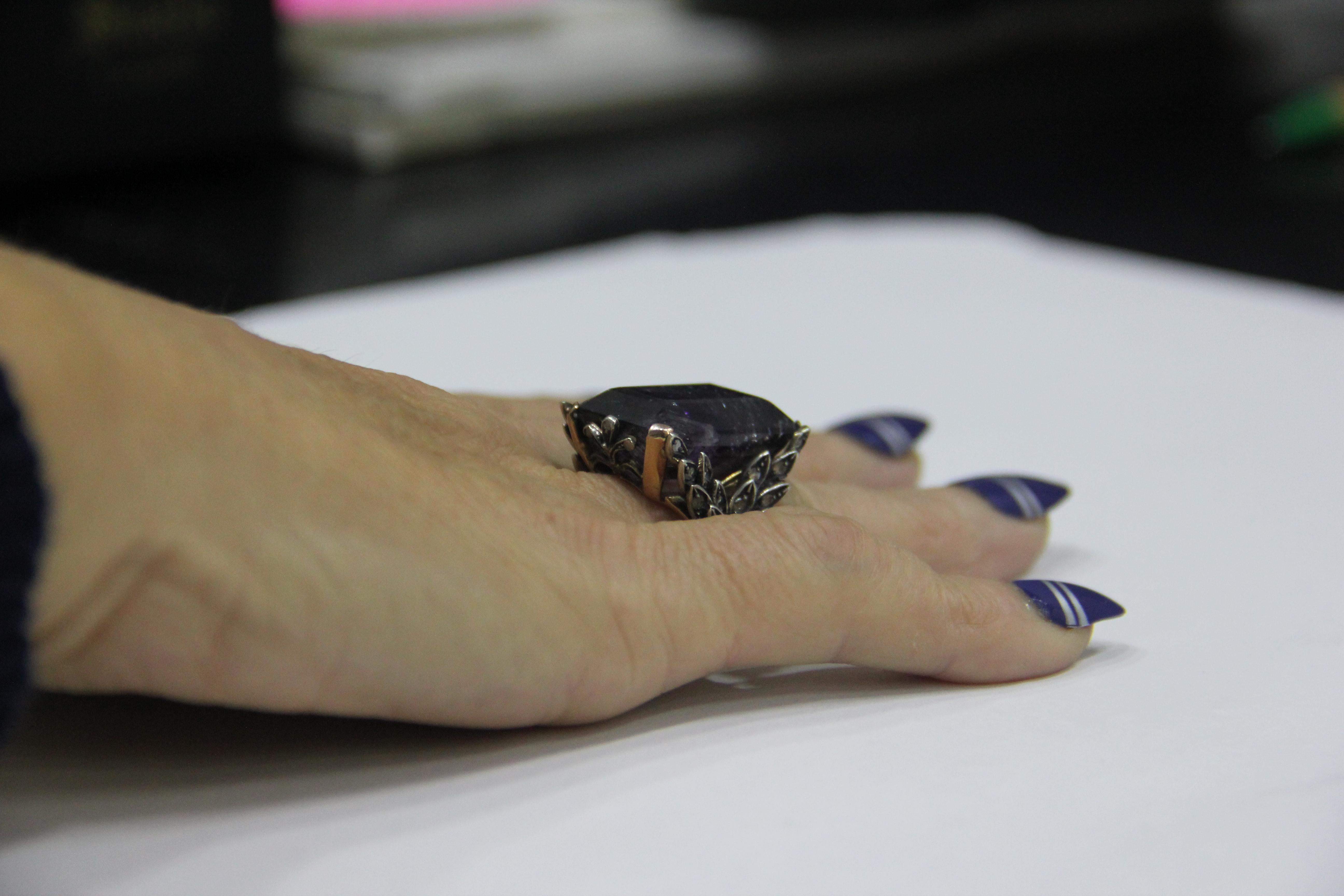 Anillo Cóctel Amatista Artesanal Oro Amarillo 14 Kilates Diamantes en venta 7