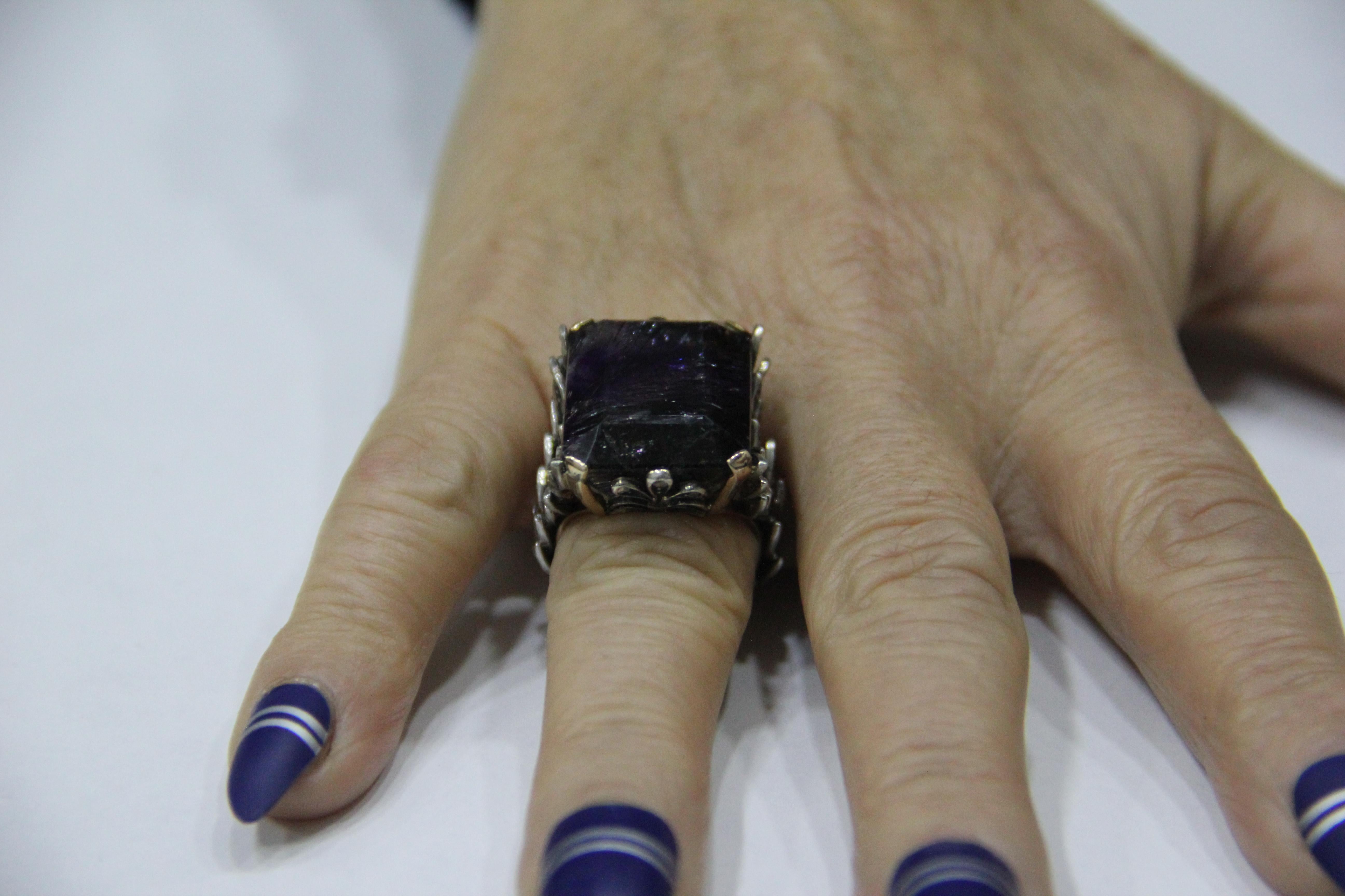 Anillo Cóctel Amatista Artesanal Oro Amarillo 14 Kilates Diamantes en venta 10
