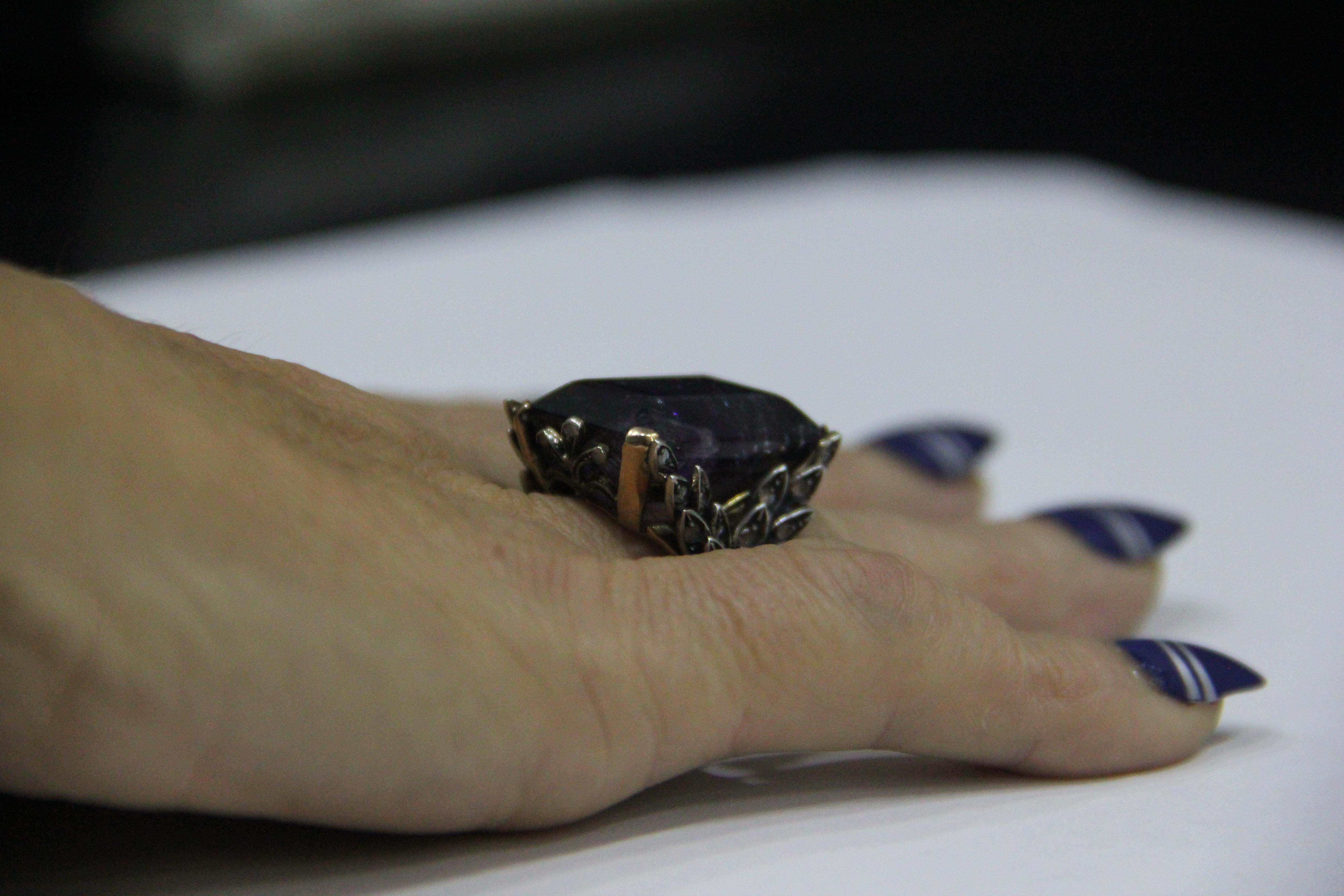 Anillo Cóctel Amatista Artesanal Oro Amarillo 14 Kilates Diamantes en venta 13