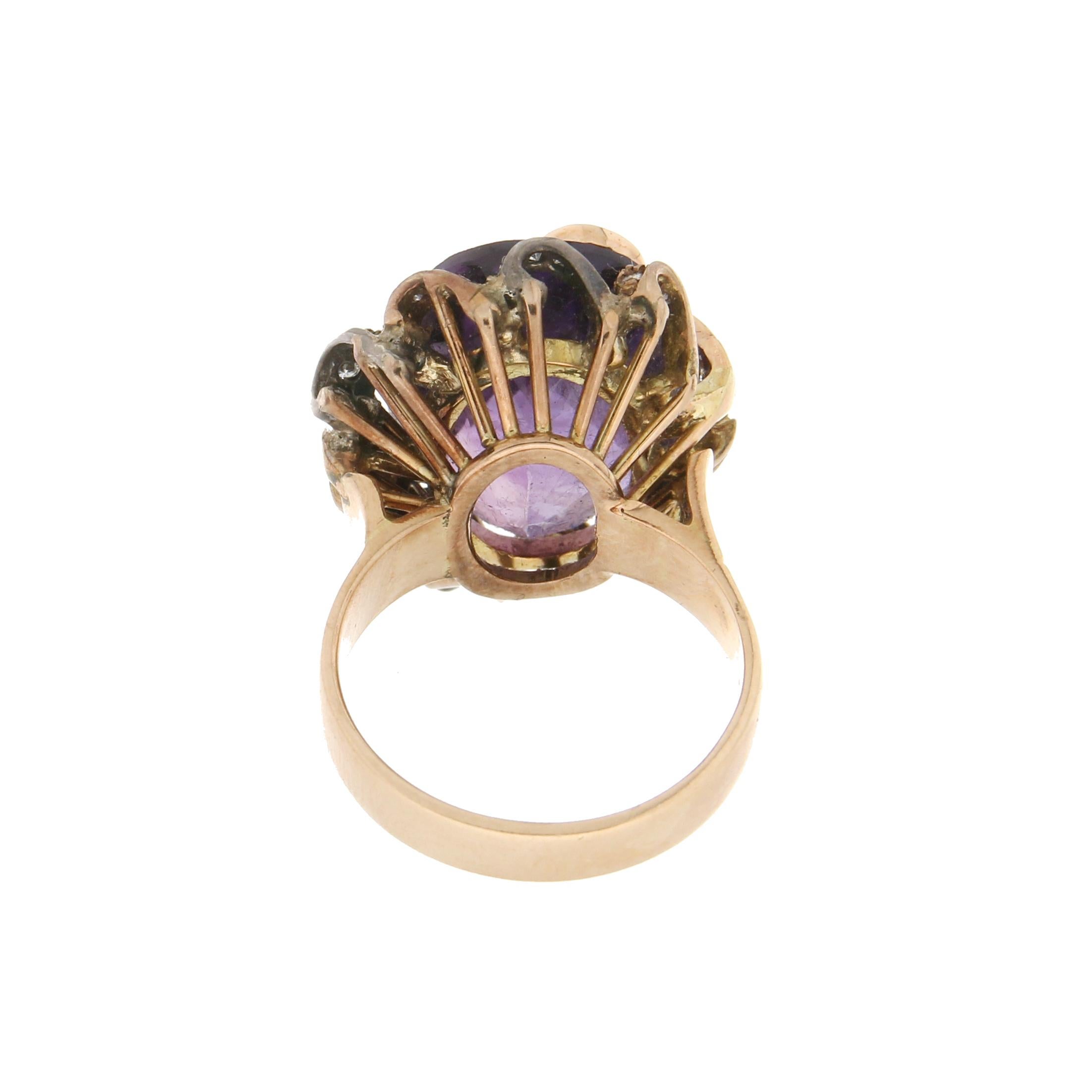 Artisan Handcraft Amethyst 14 Karat Yellow Gold Diamonds Cocktail Ring For Sale