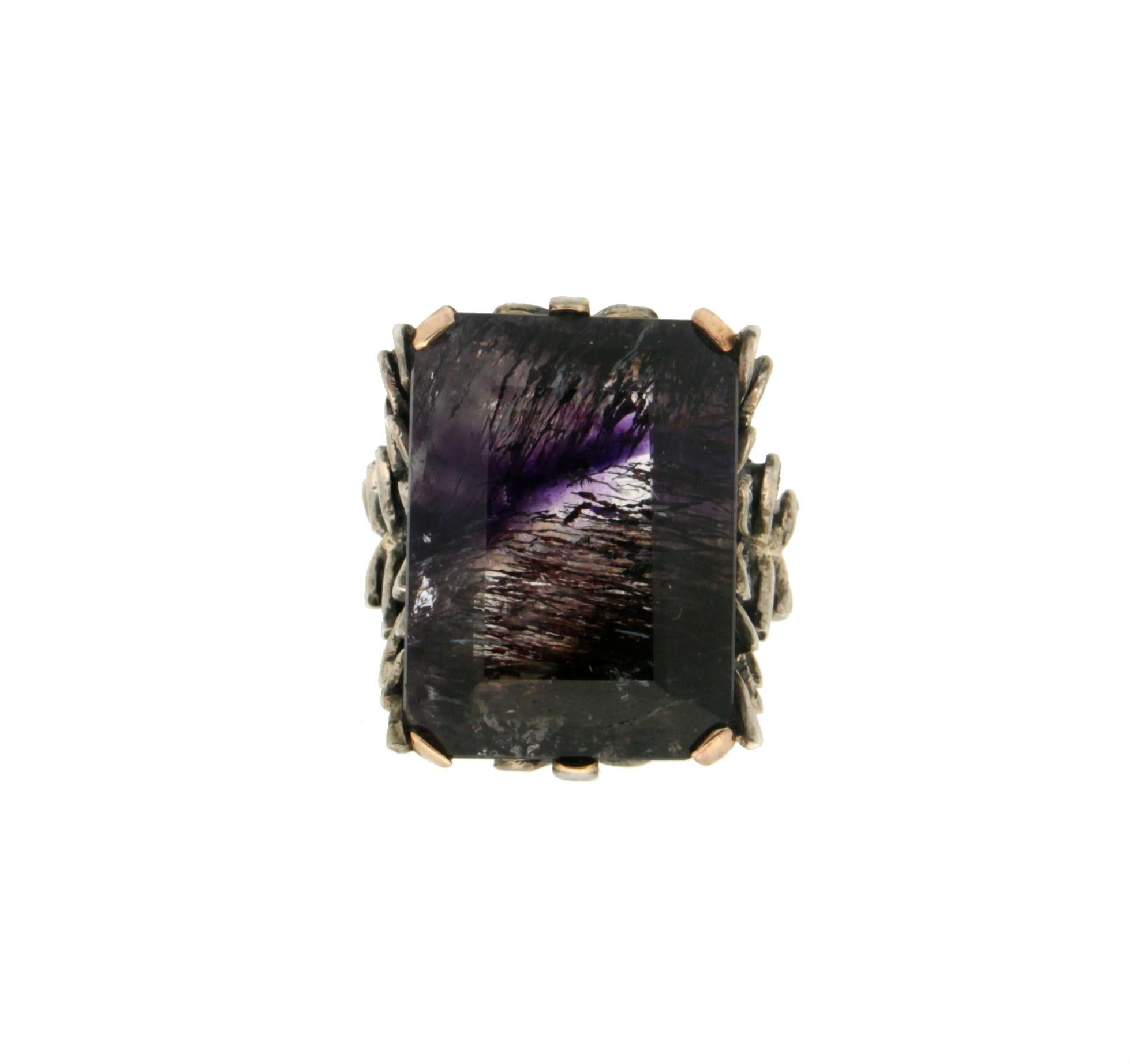 Anillo Cóctel Amatista Artesanal Oro Amarillo 14 Kilates Diamantes Corte mixto en venta