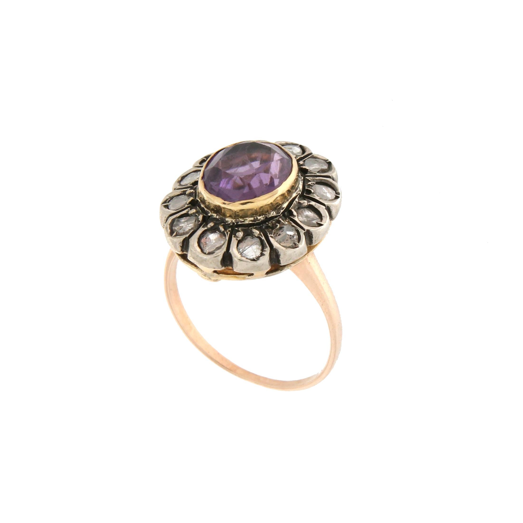 Taille vieille Europe Bague de cocktail en or jaune 14 carats avec diamants et améthyste Handcraft en vente