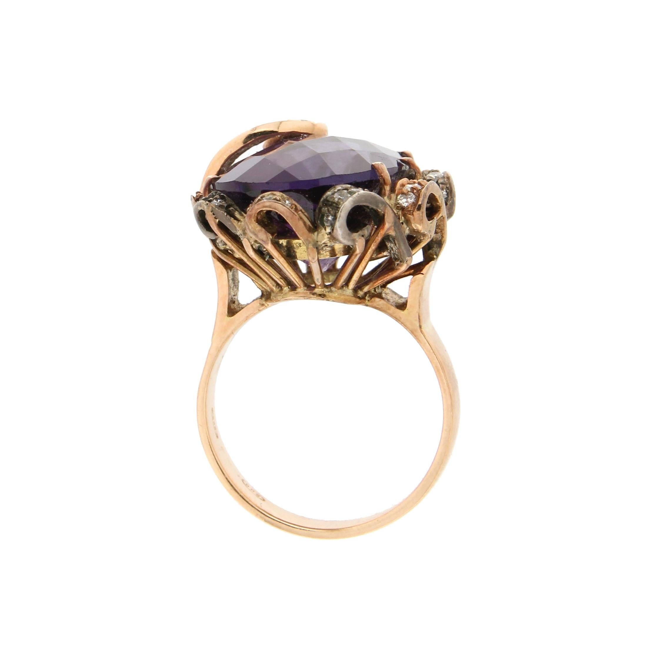 Brilliant Cut Handcraft Amethyst 14 Karat Yellow Gold Diamonds Cocktail Ring For Sale