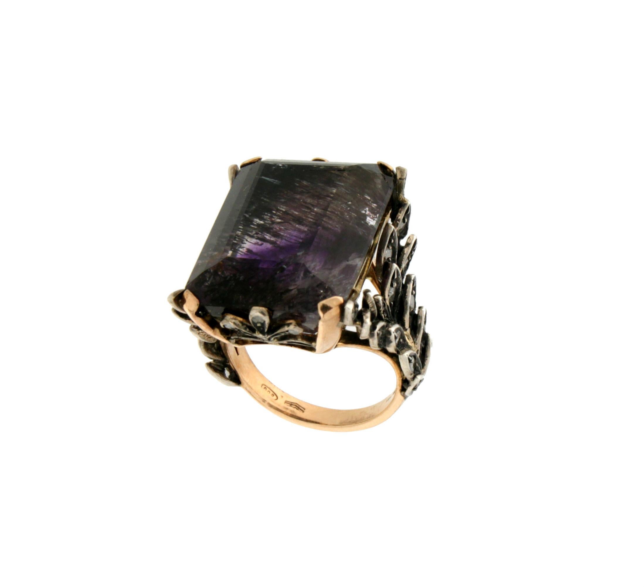 Anillo Cóctel Amatista Artesanal Oro Amarillo 14 Kilates Diamantes en Nuevo estado para la venta en Marcianise, IT