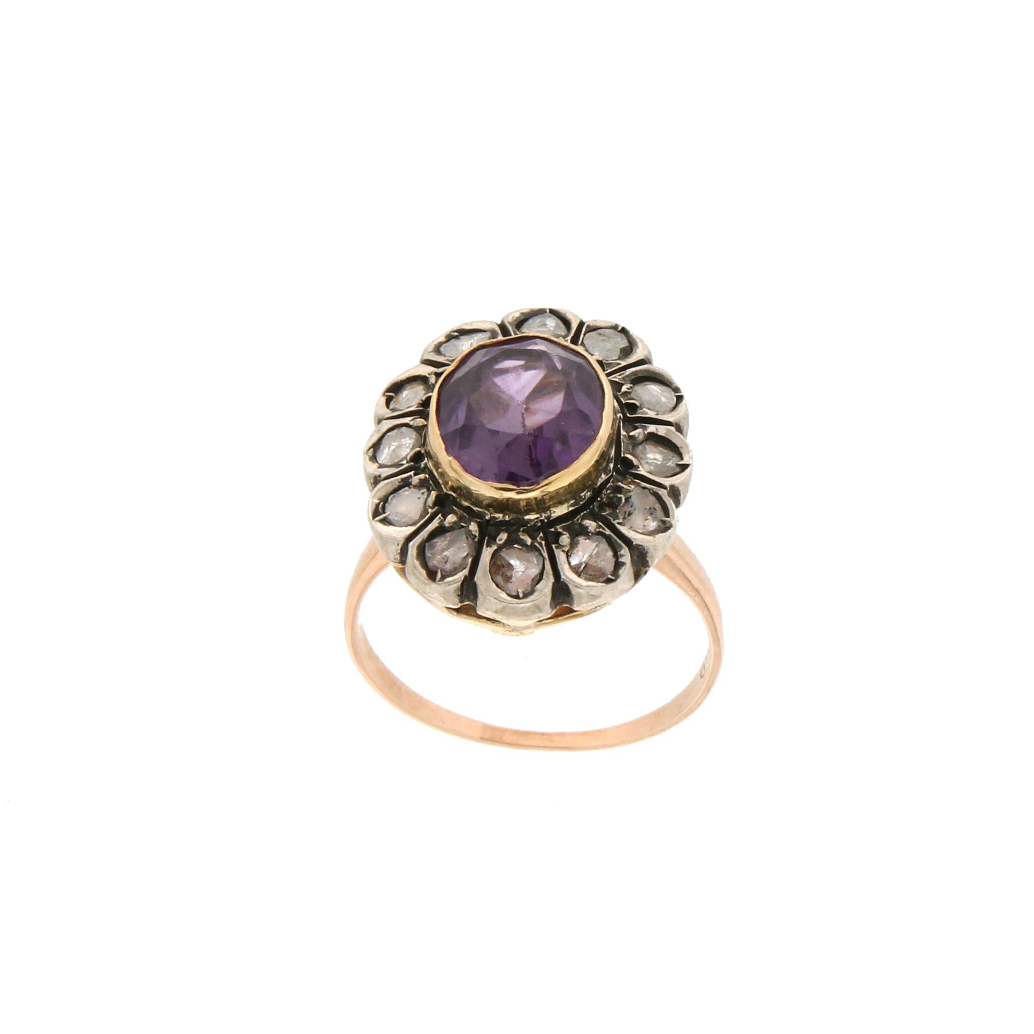 Handcraft Amethyst 14 Karat Yellow Gold Diamonds Cocktail Ring In New Condition For Sale In Marcianise, IT