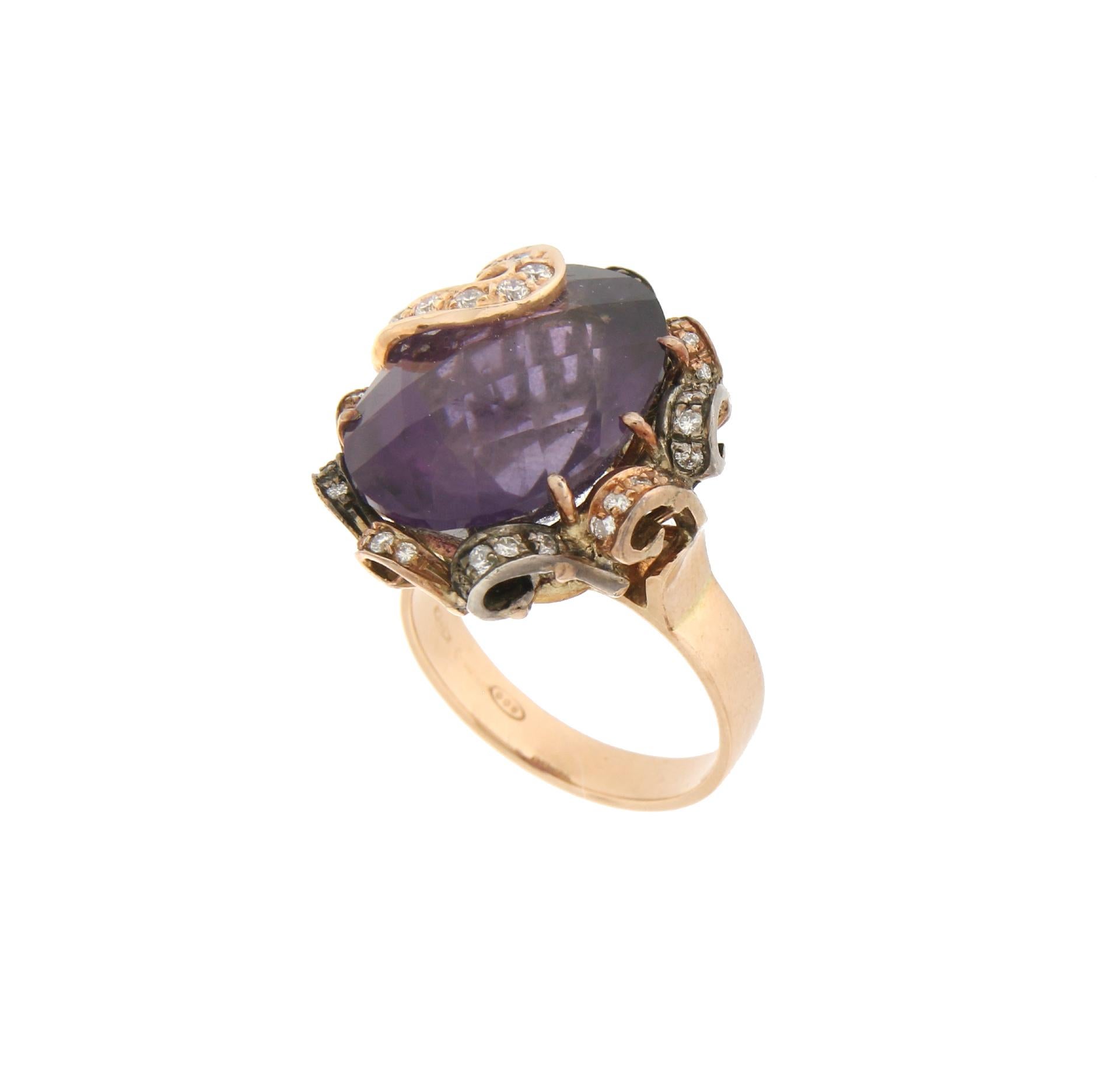 Handcraft Amethyst 14 Karat Yellow Gold Diamonds Cocktail Ring In New Condition For Sale In Marcianise, IT