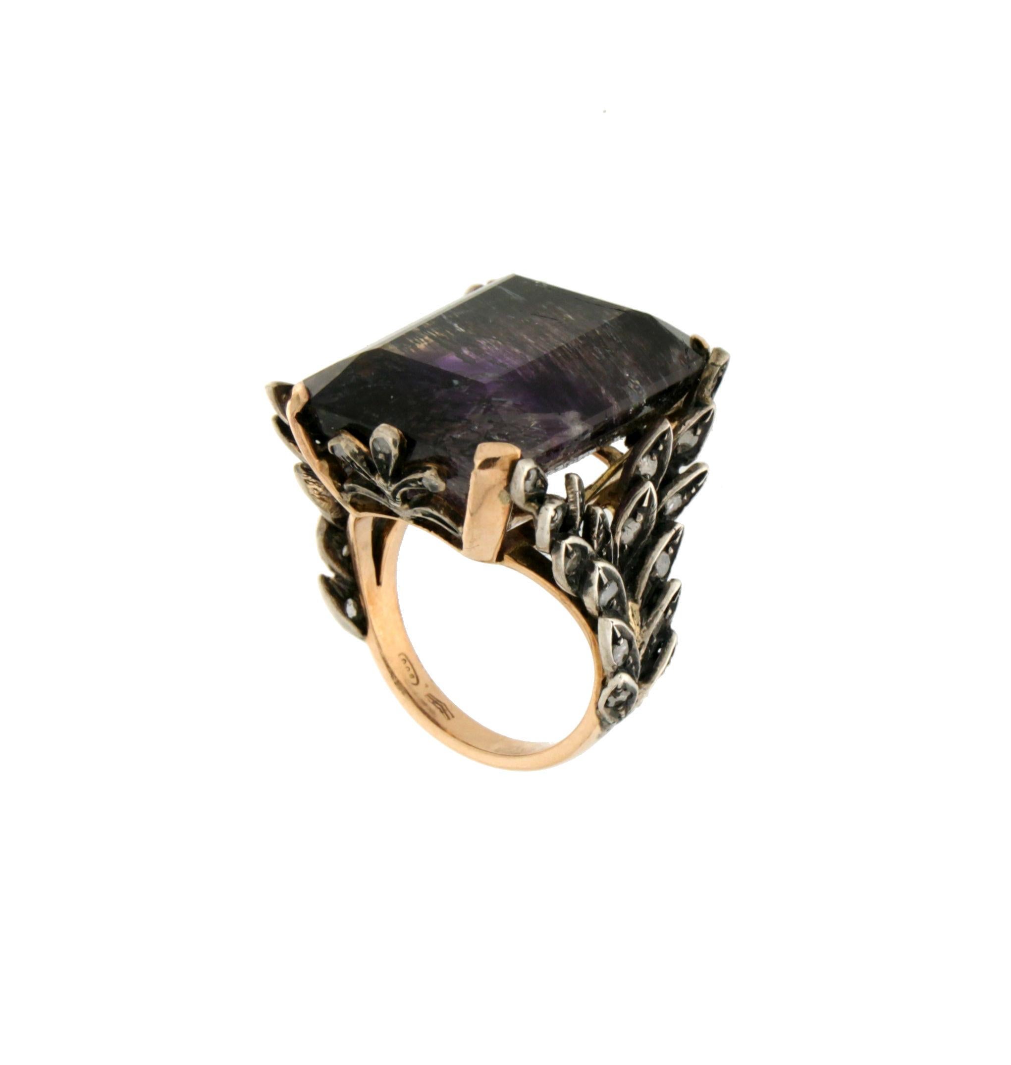 Femenino o masculino Anillo Cóctel Amatista Artesanal Oro Amarillo 14 Kilates Diamantes en venta