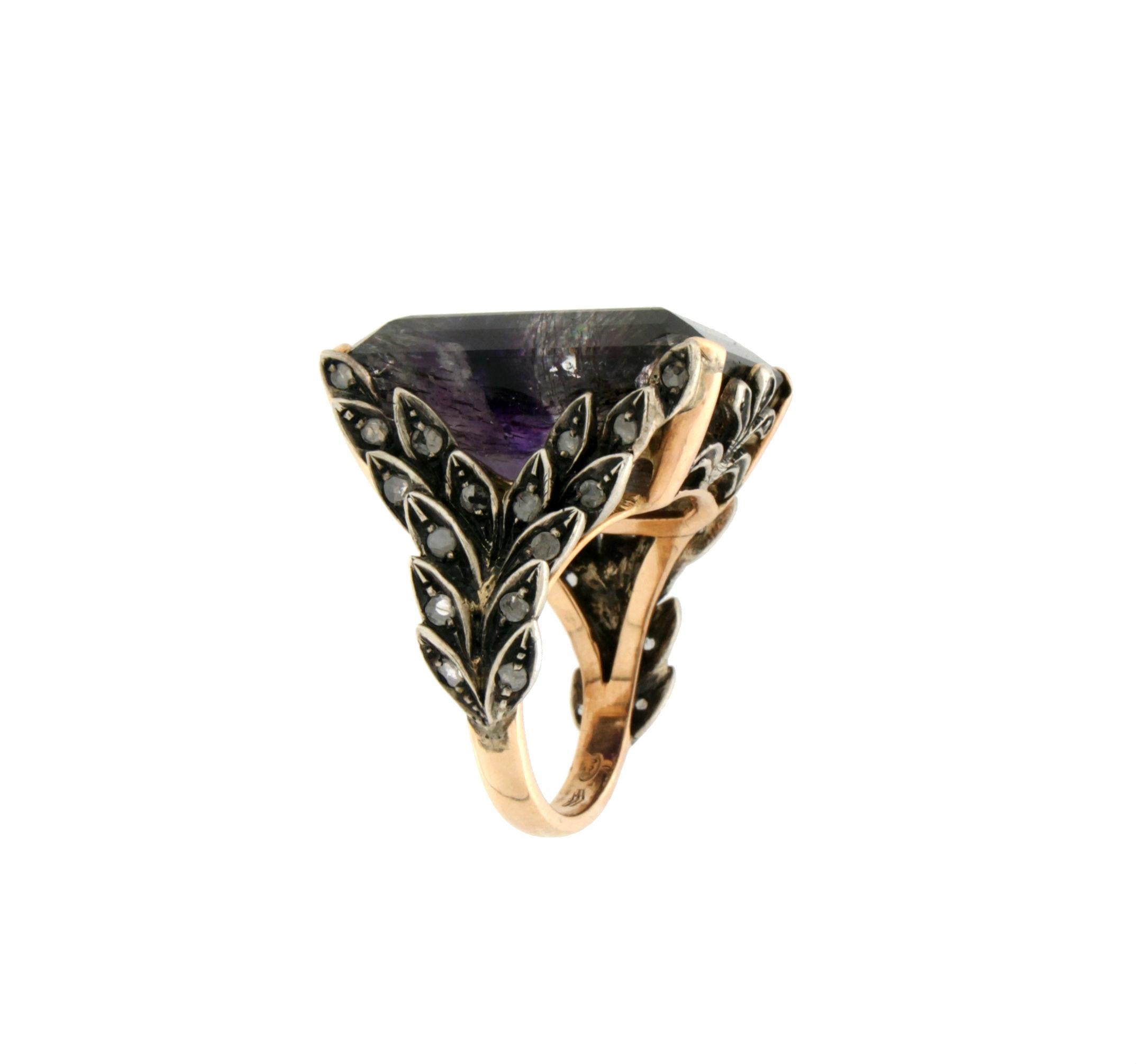 Anillo Cóctel Amatista Artesanal Oro Amarillo 14 Kilates Diamantes en venta 1