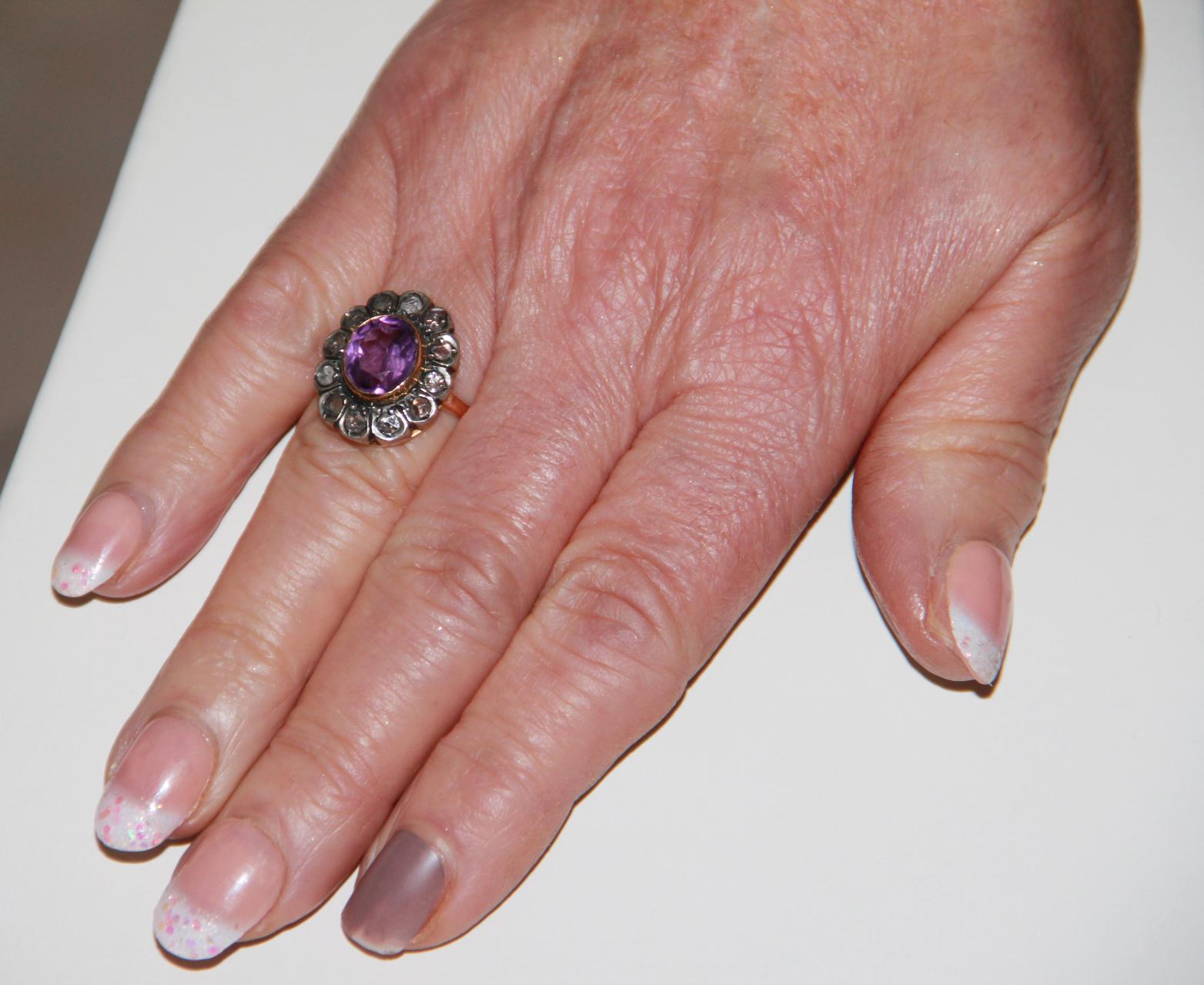 Bague de cocktail en or jaune 14 carats avec diamants et améthyste Handcraft en vente 1