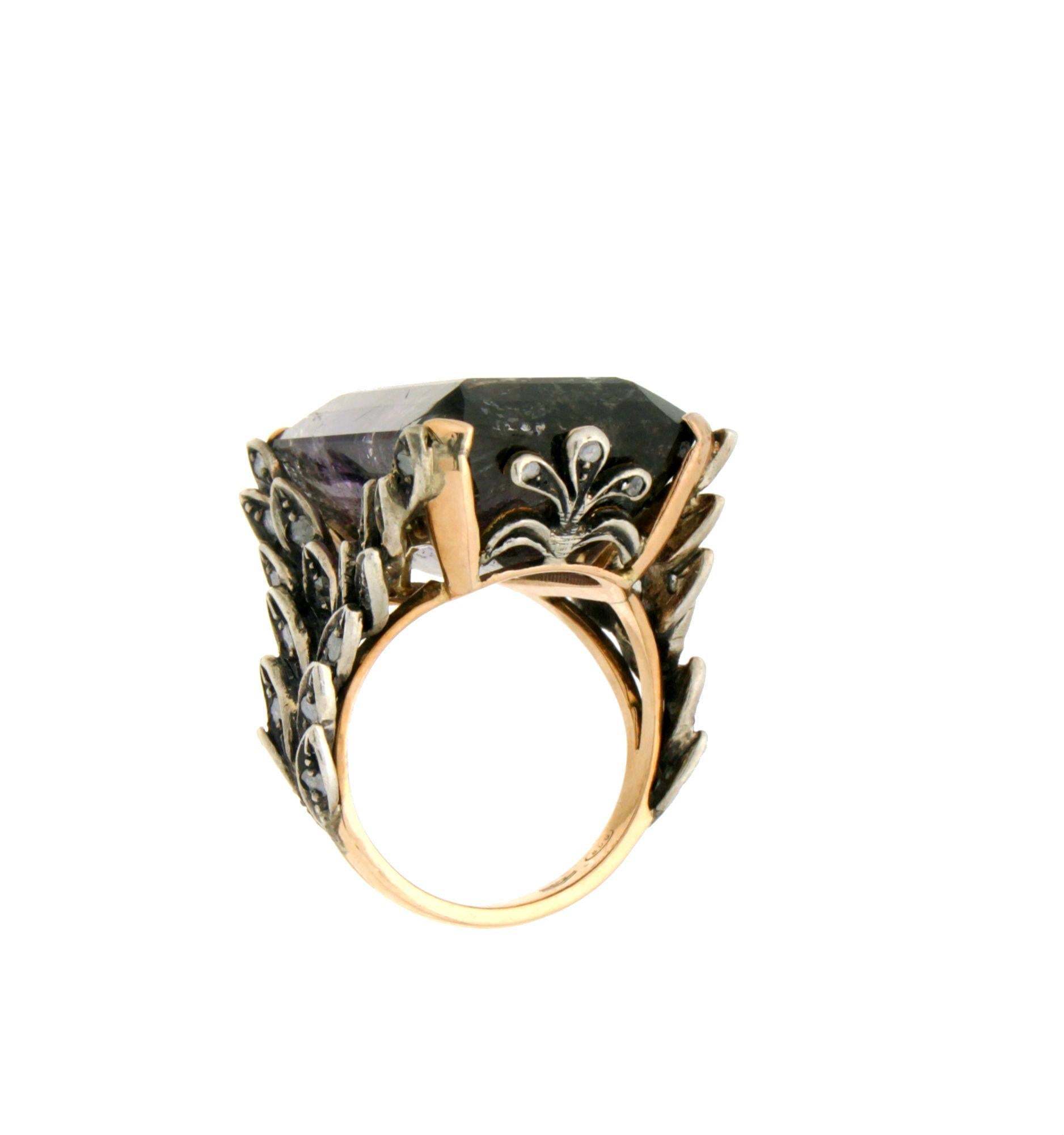 Anillo Cóctel Amatista Artesanal Oro Amarillo 14 Kilates Diamantes en venta 2