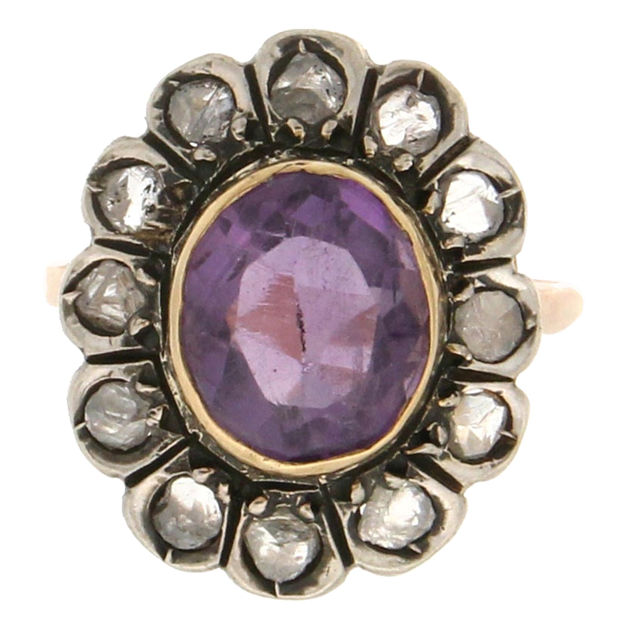 Handcraft Amethyst 14 Karat Yellow Gold Diamonds Cocktail Ring