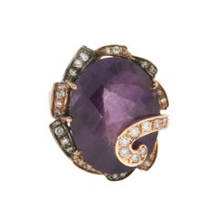 Anillo Cóctel Amatista Artesanal Oro Amarillo 14 Kilates Diamantes
