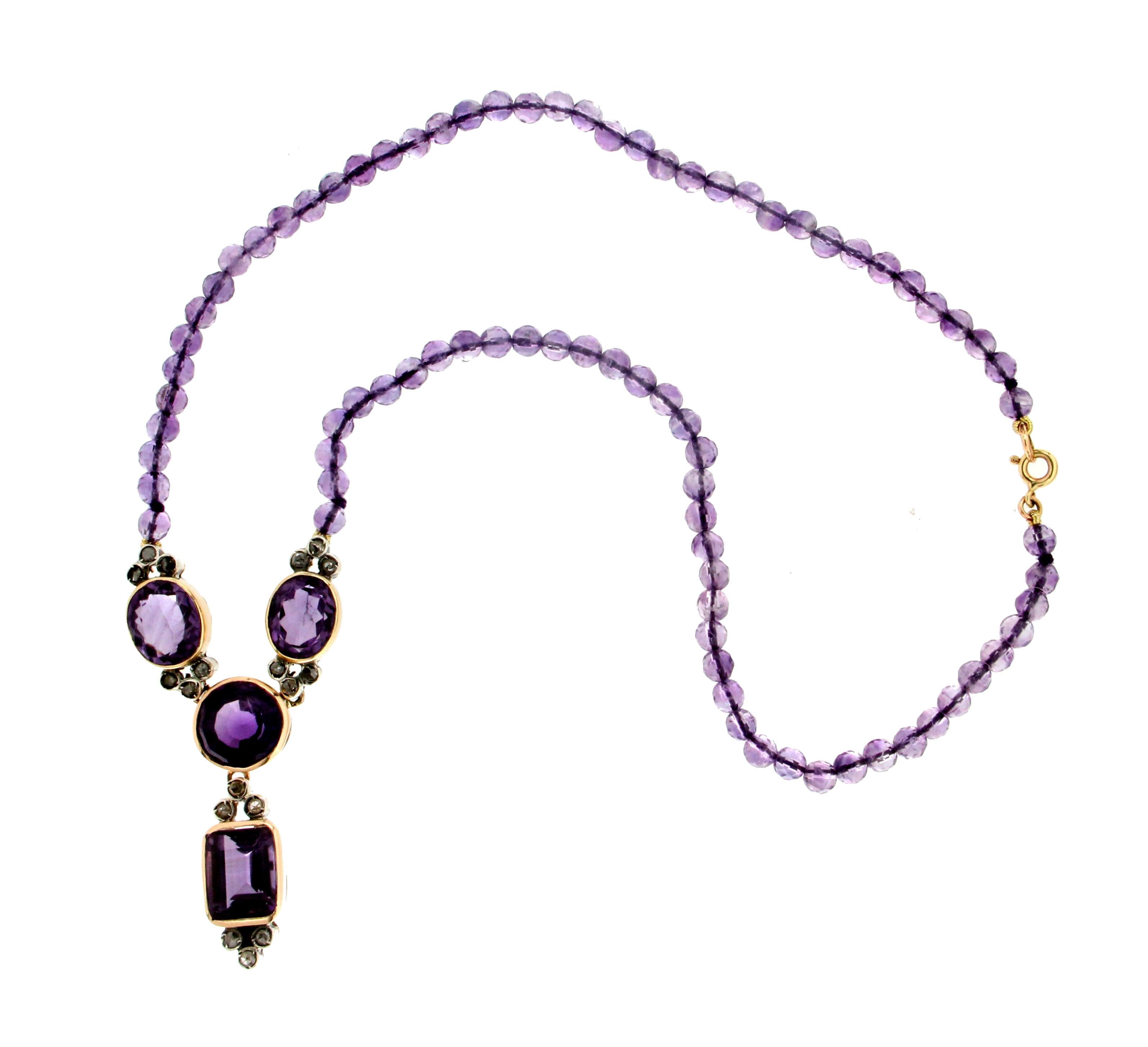 Artisan Handcraft Amethyst 14 Karat Yellow Gold Diamonds Drop Necklace For Sale