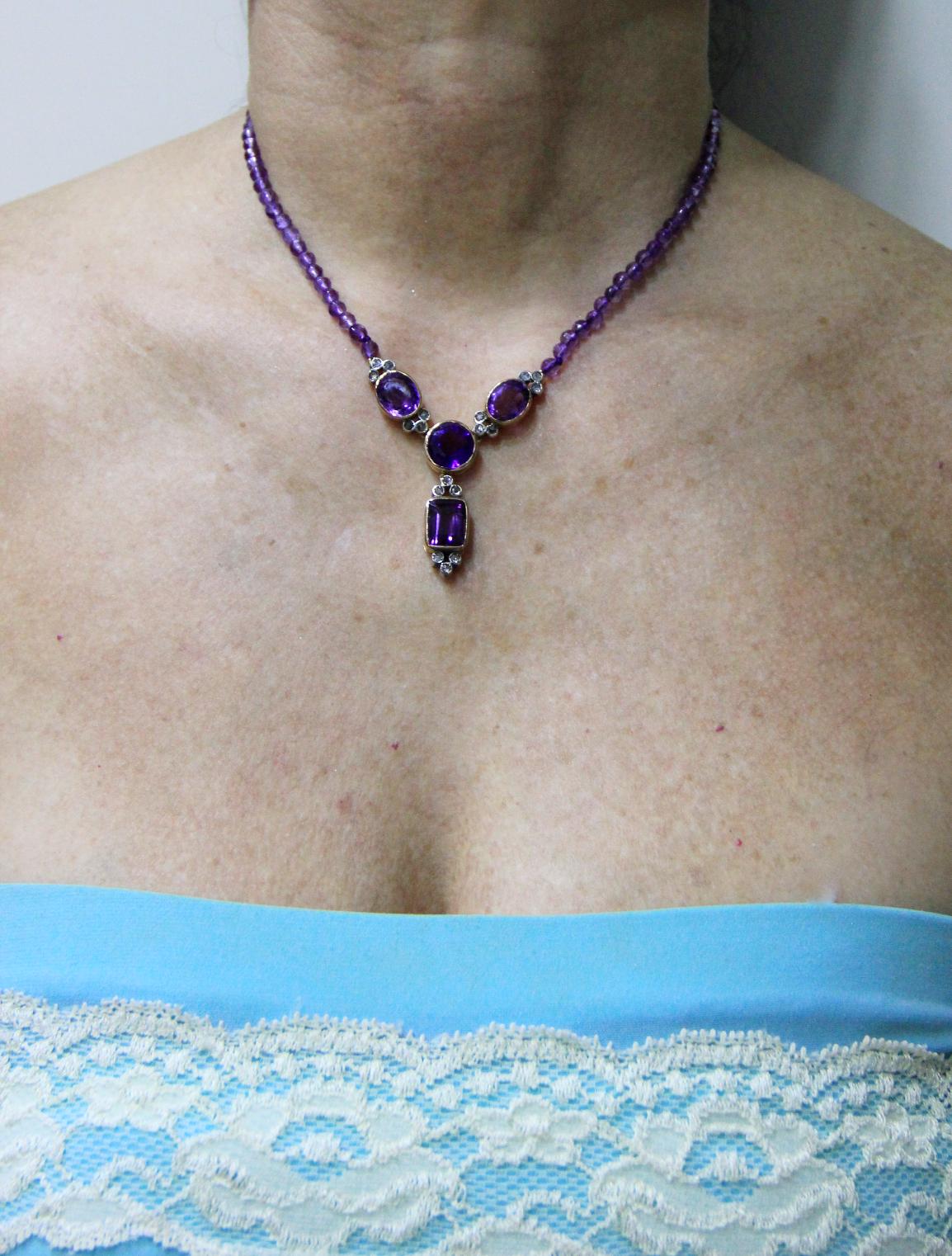 Handcraft Amethyst 14 Karat Yellow Gold Diamonds Drop Necklace In New Condition For Sale In Marcianise, IT