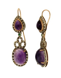 Handcraft Amethyst 14 Karat Yellow Gold Diamonds Emeralds Drop Earrings