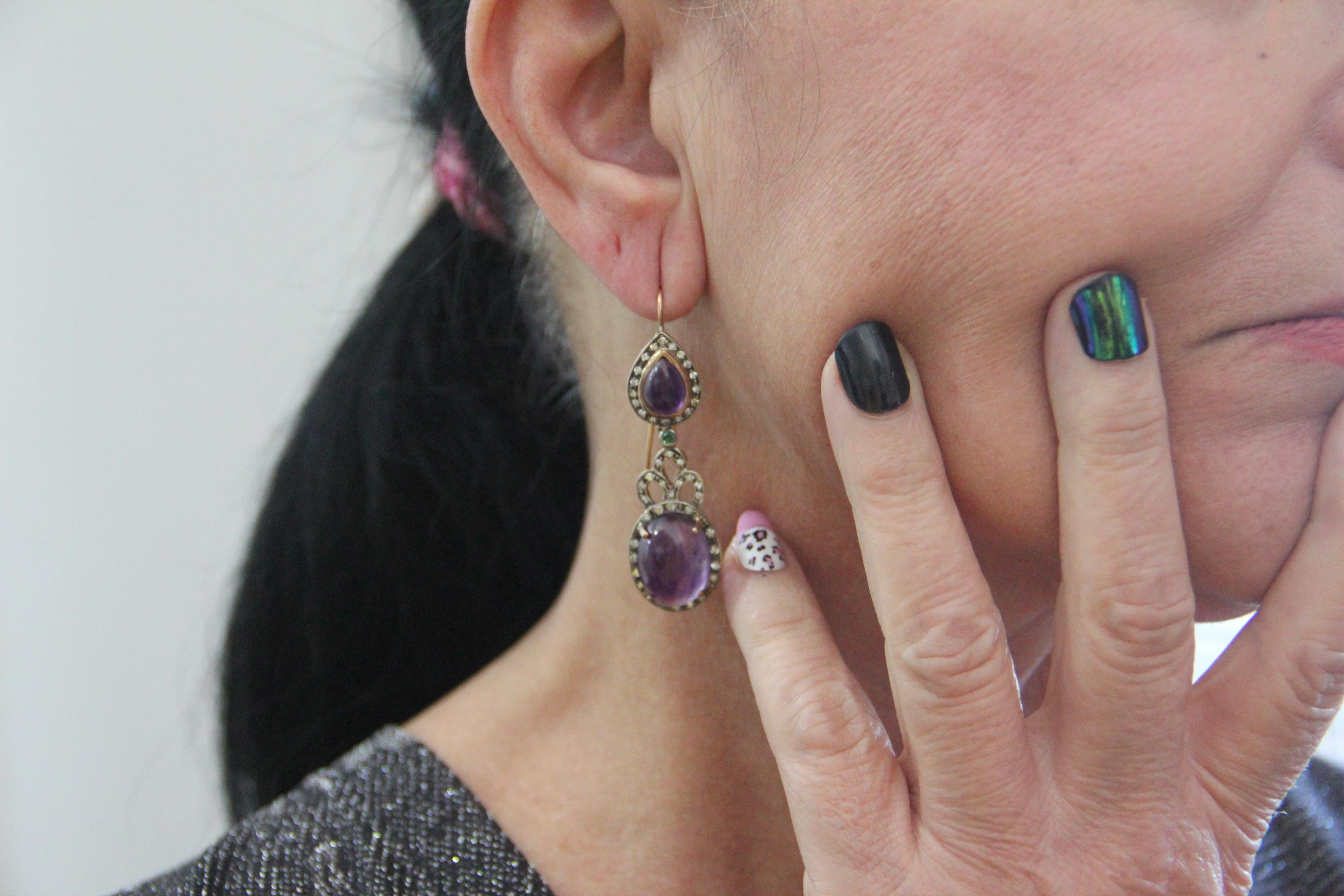 Women's or Men's Handcraft Amethyst 14 Karat Yellow Gold Diamonds Emeralds Drop Earrings For Sale