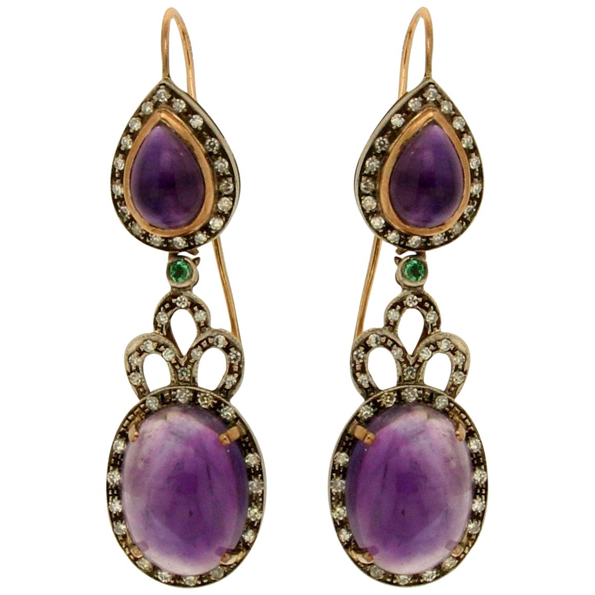 Handcraft Amethyst 14 Karat Yellow Gold Diamonds Emeralds Drop Earrings For Sale