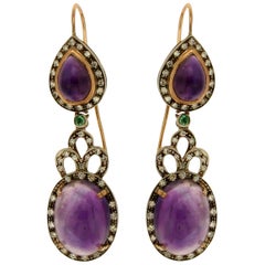 Handcraft Amethyst 14 Karat Yellow Gold Diamonds Emeralds Drop Earrings