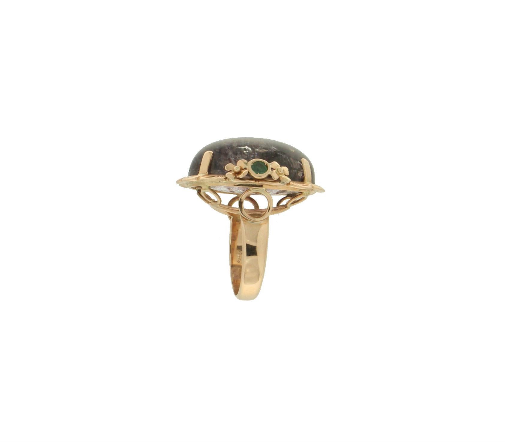 Cabochon Handcraft Amethyst 14 Karat Yellow Gold Emeralds Cocktail Ring For Sale