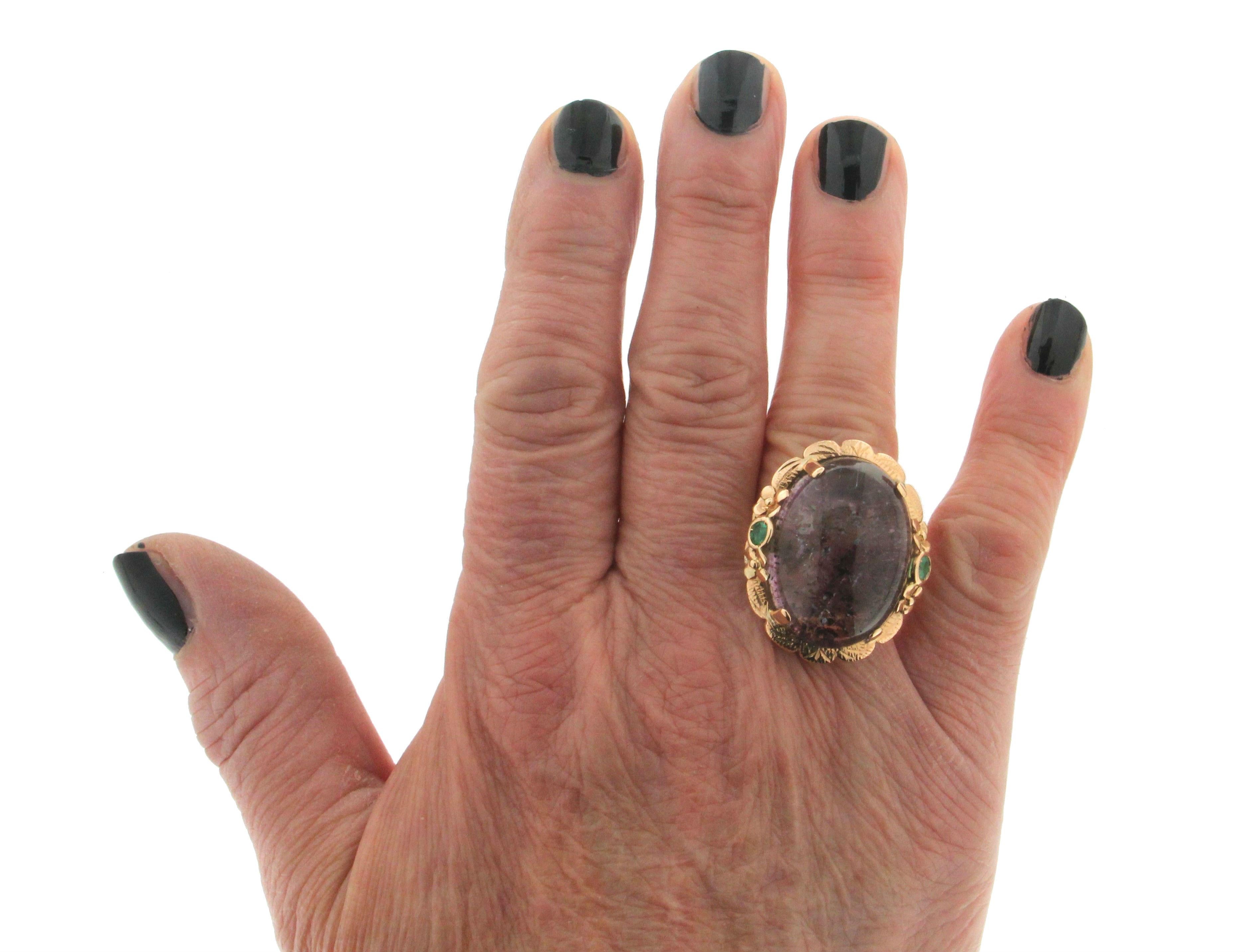 Anillo Cóctel Amatista Artesanal Oro Amarillo 14 Kilates Esmeraldas 1
