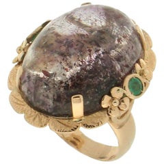Anillo Cóctel Amatista Artesanal Oro Amarillo 14 Kilates Esmeraldas