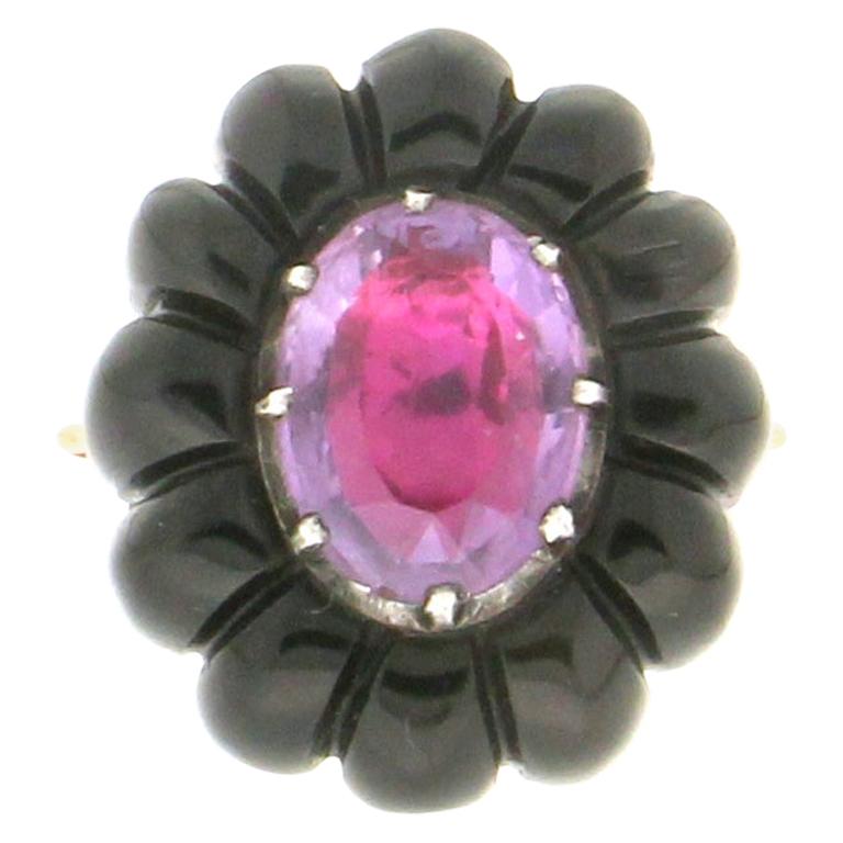 Handcraft Amethyst 14 Karat Yellow Gold Onyx Cocktail Ring For Sale