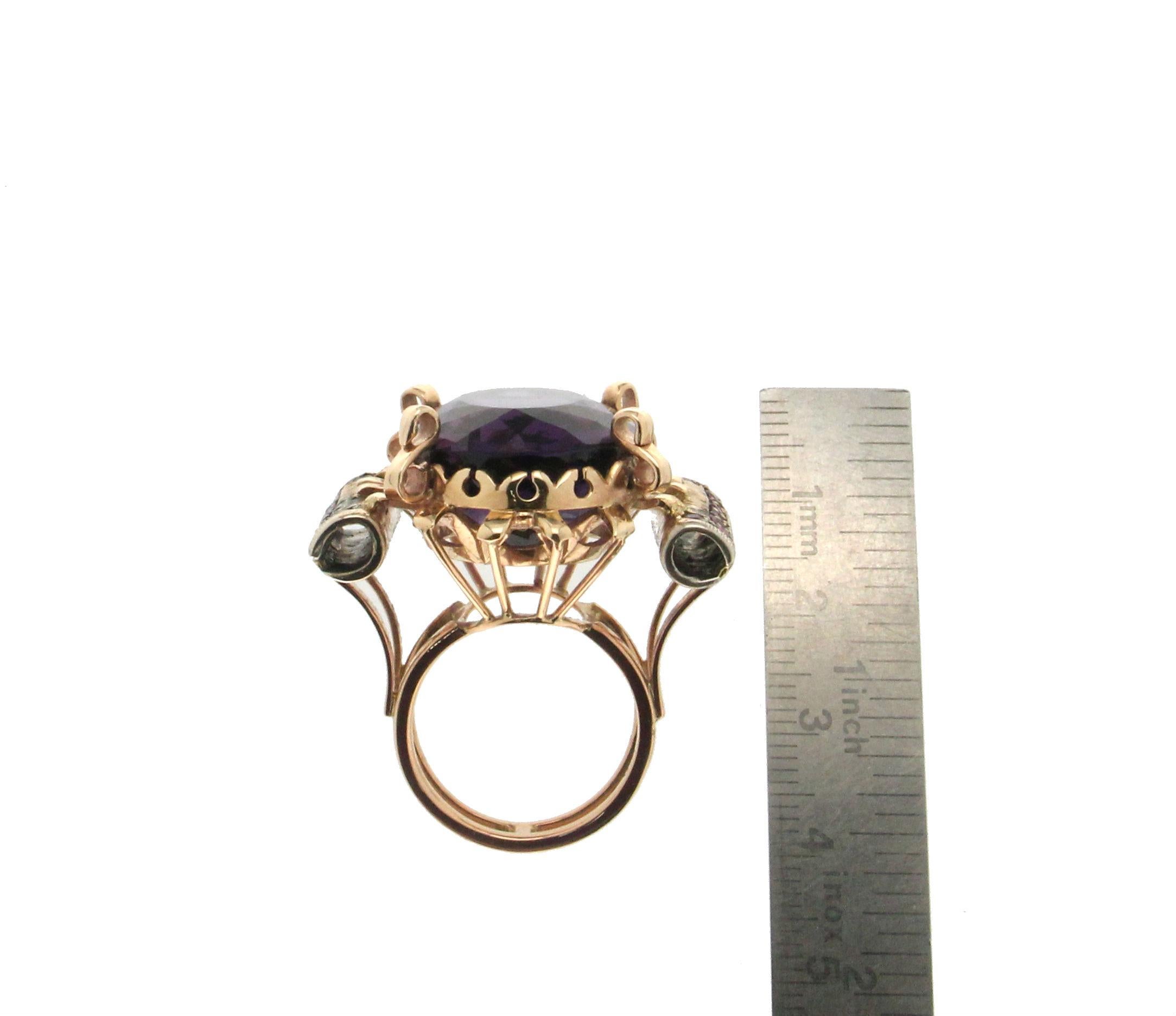Handcraft Amethyst 14 Karat Yellow Gold Ruby Cocktail Ring For Sale 4
