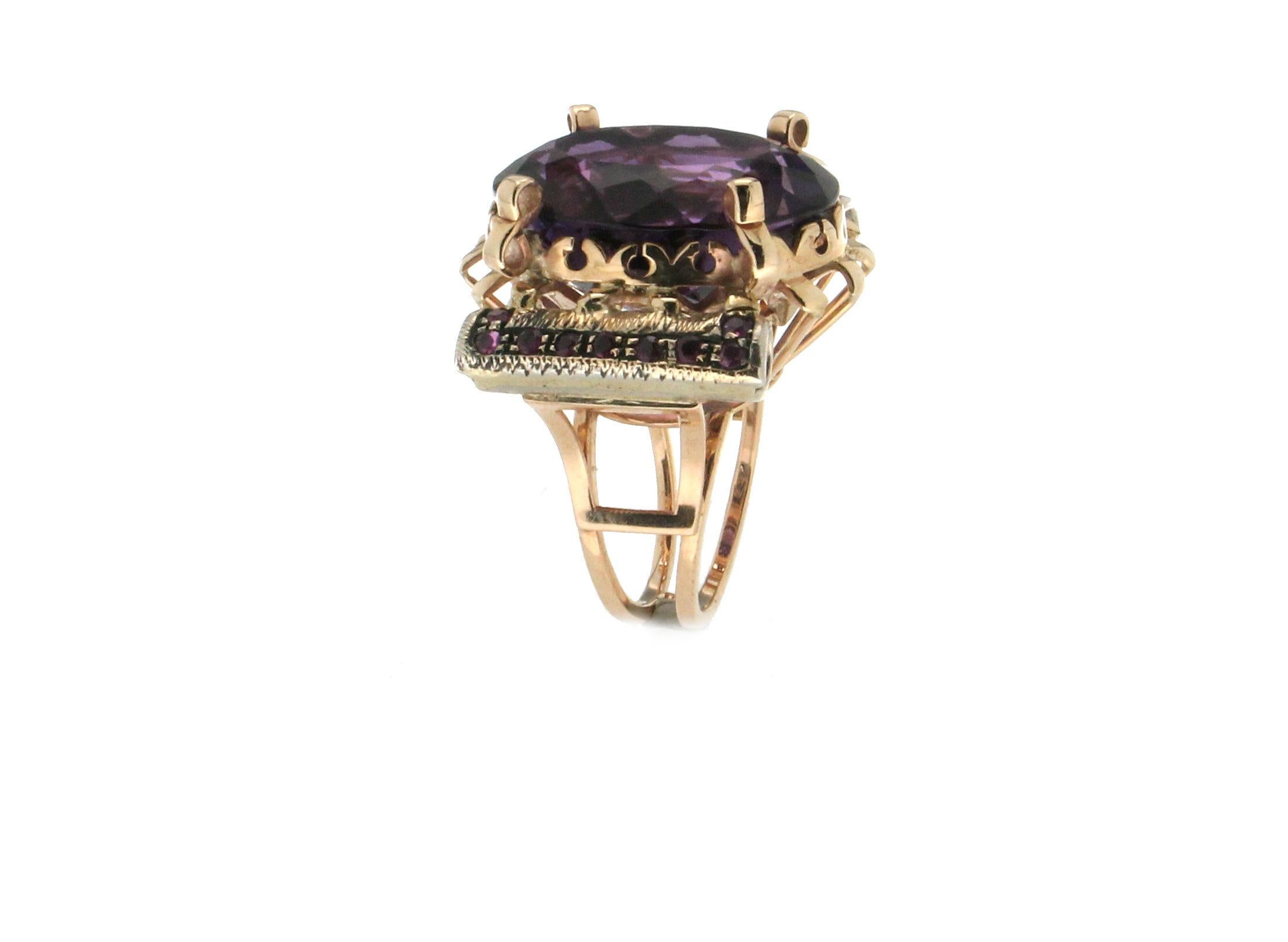 Mixed Cut Handcraft Amethyst 14 Karat Yellow Gold Ruby Cocktail Ring For Sale