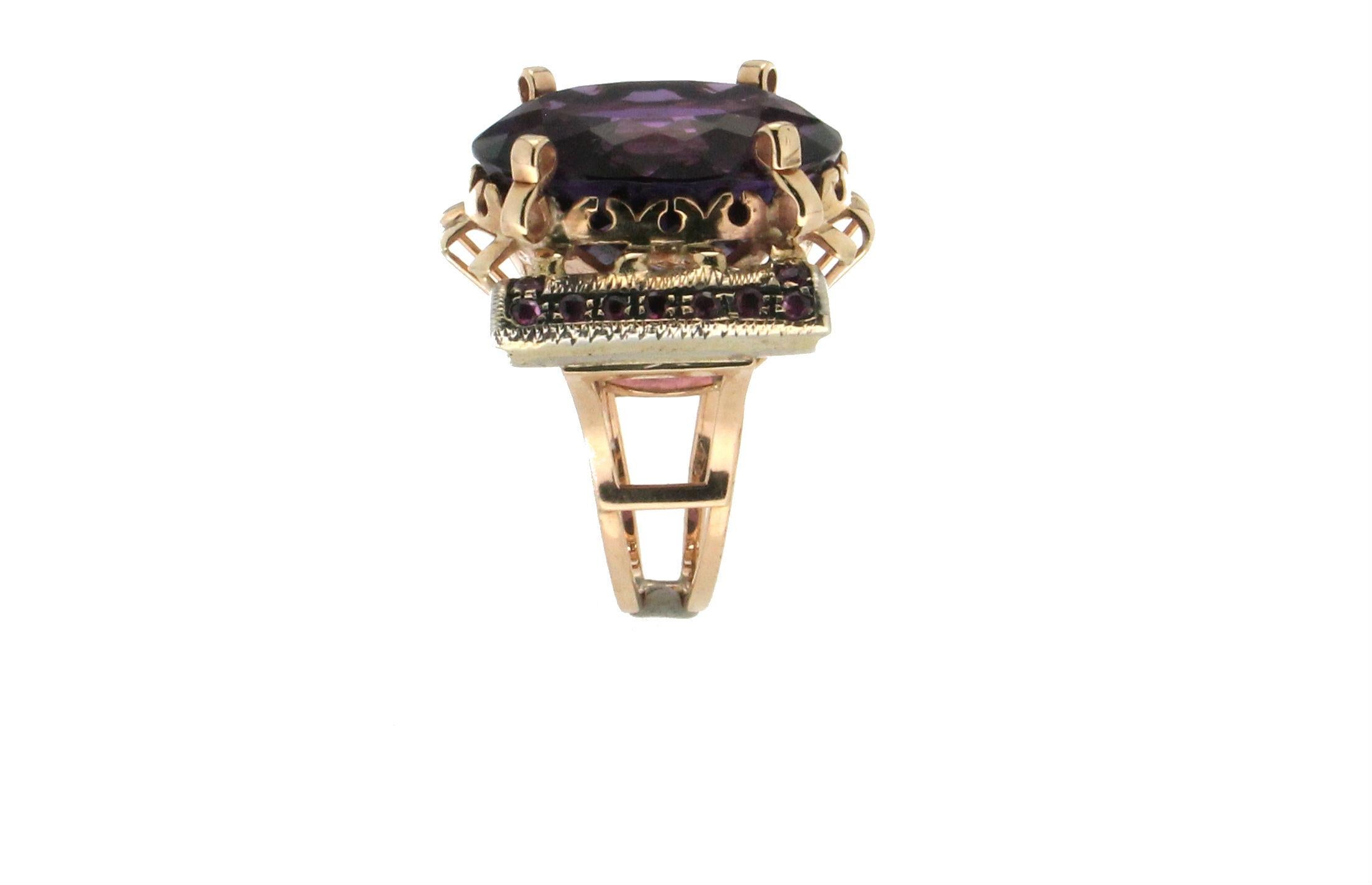 Handcraft Amethyst 14 Karat Yellow Gold Ruby Cocktail Ring In New Condition For Sale In Marcianise, IT