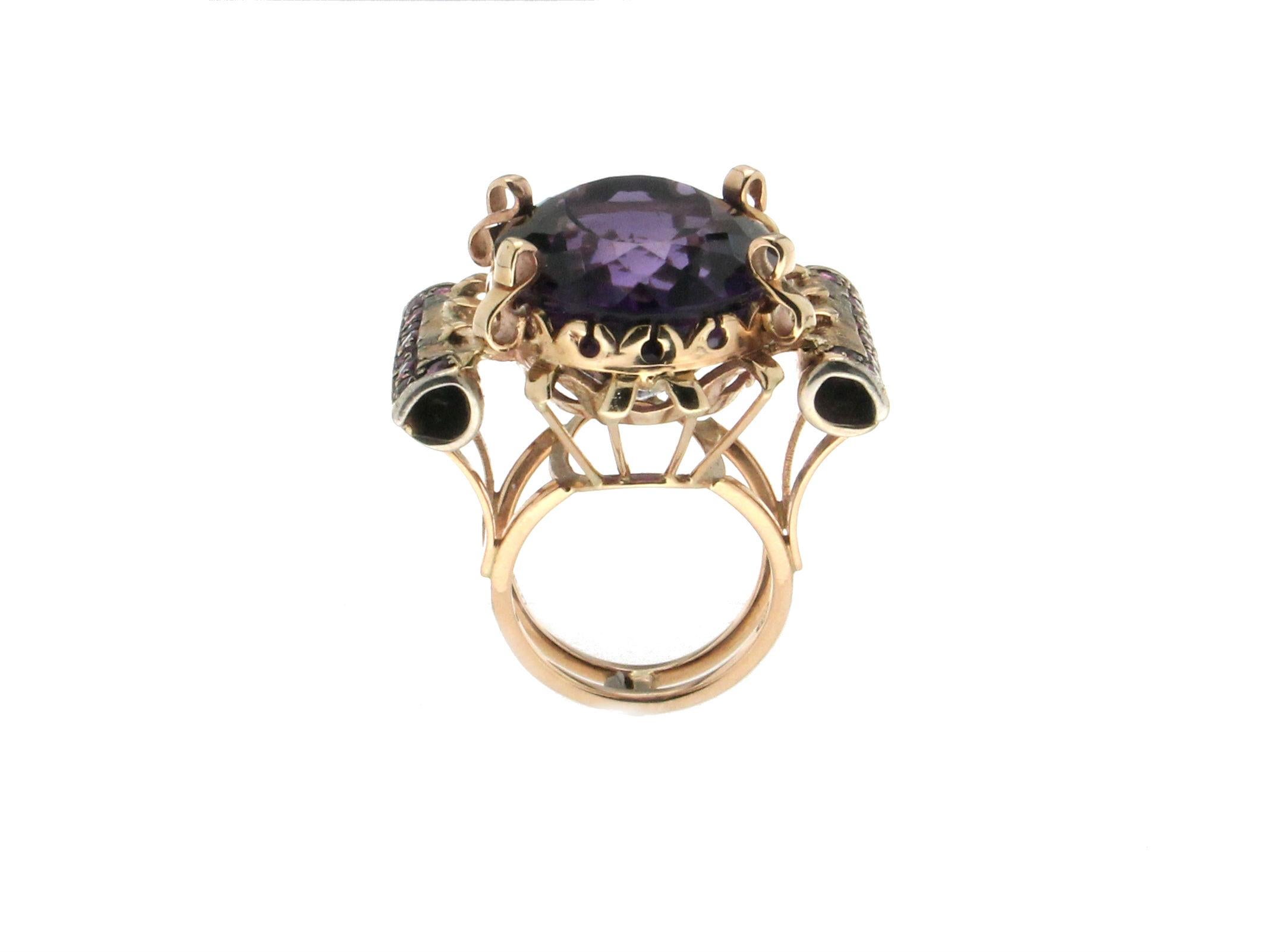 Women's Handcraft Amethyst 14 Karat Yellow Gold Ruby Cocktail Ring For Sale