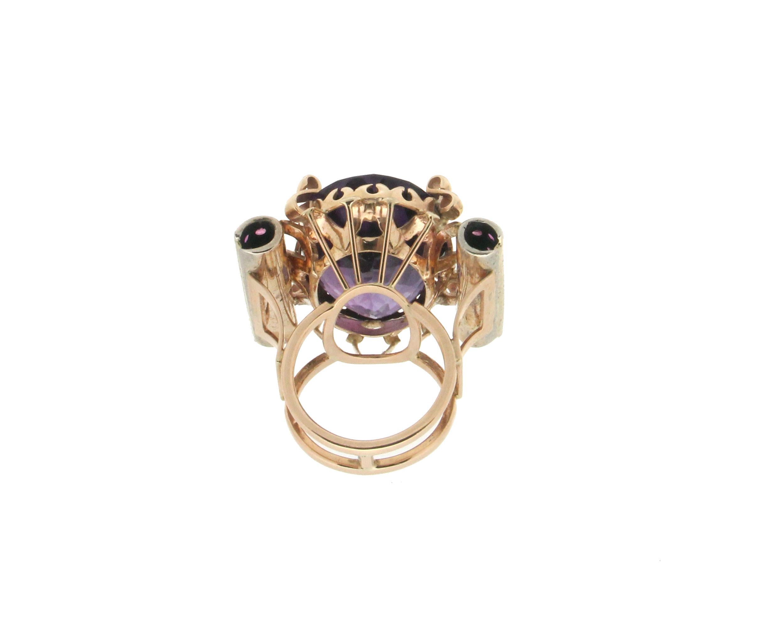 Handcraft Amethyst 14 Karat Yellow Gold Ruby Cocktail Ring For Sale 1