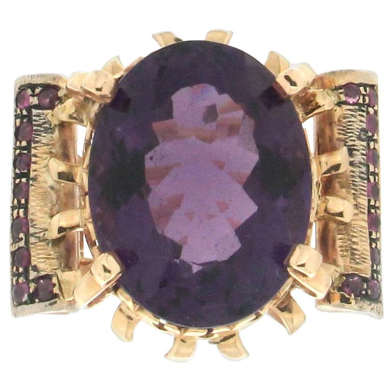 Handcraft Amethyst 14 Karat Yellow Gold Ruby Cocktail Ring For Sale