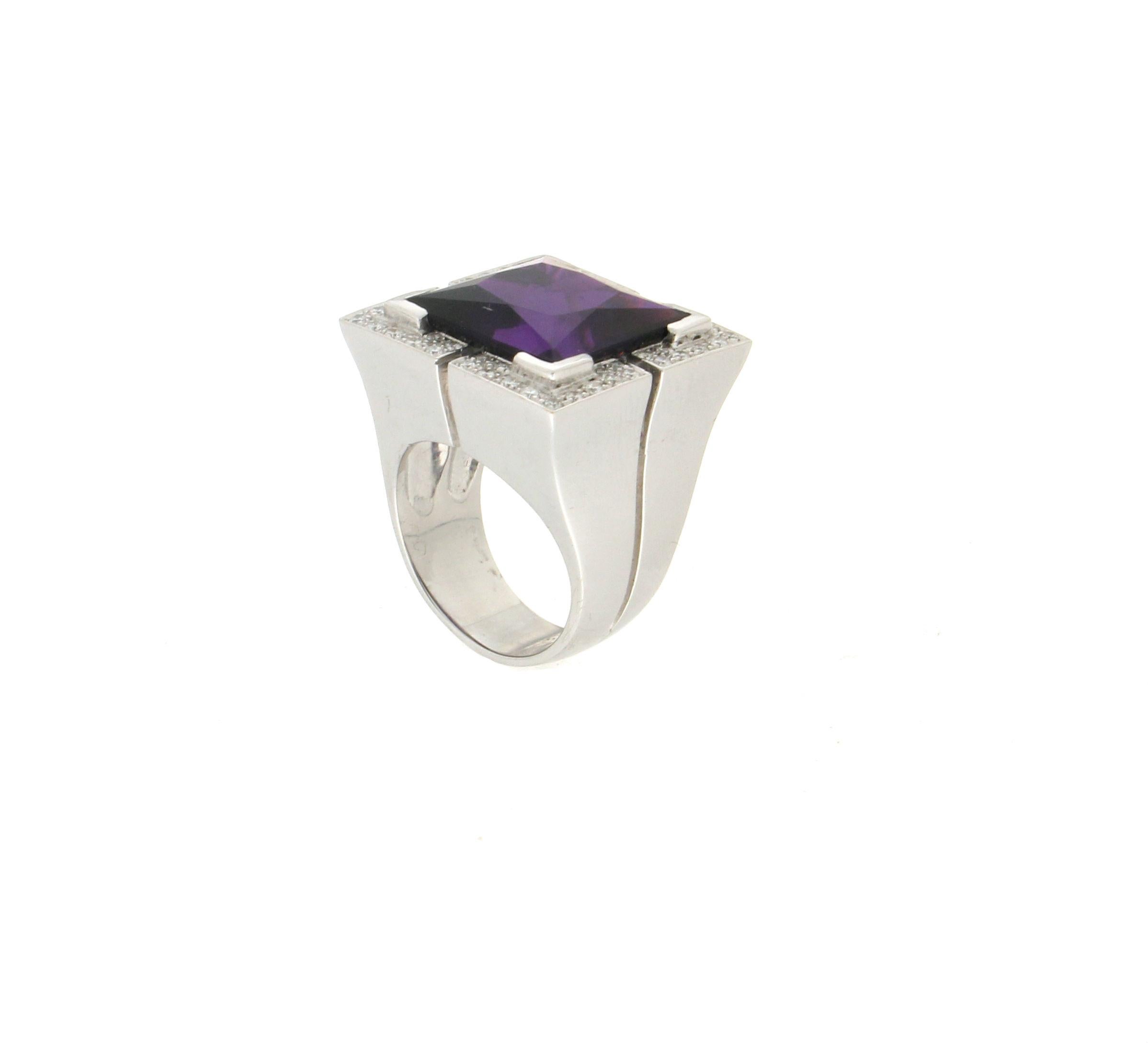 18 karat white gold cocktail ring. Handmade by our artisans assembled with diamonds and square amethyst

Diamonds weight 0.70 karat
Ring total weight 26.80 grams
Ring size 8.10 US 16.90 Ita
(all rings are can be resized)