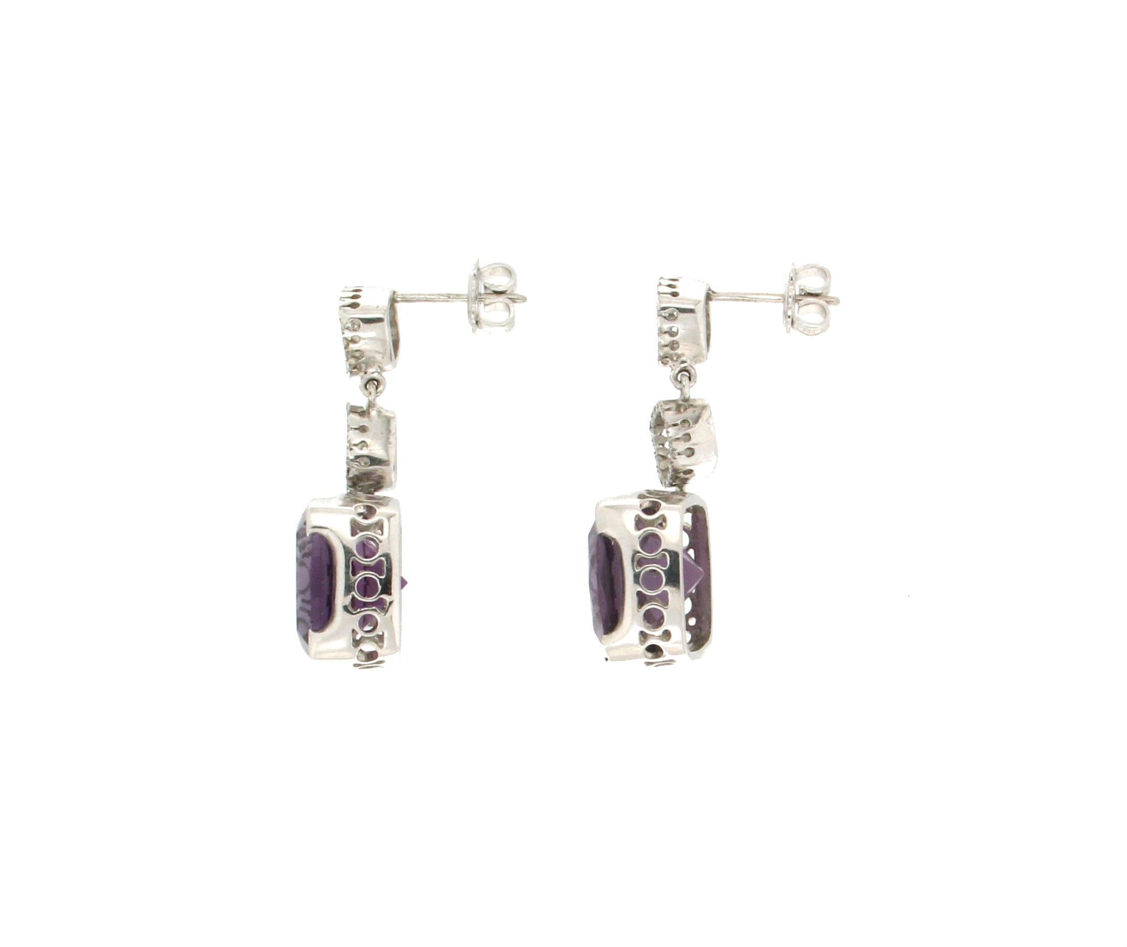 Artisan Handcraft Amethyst 18 Karat White Gold Diamonds Drop Earrings For Sale